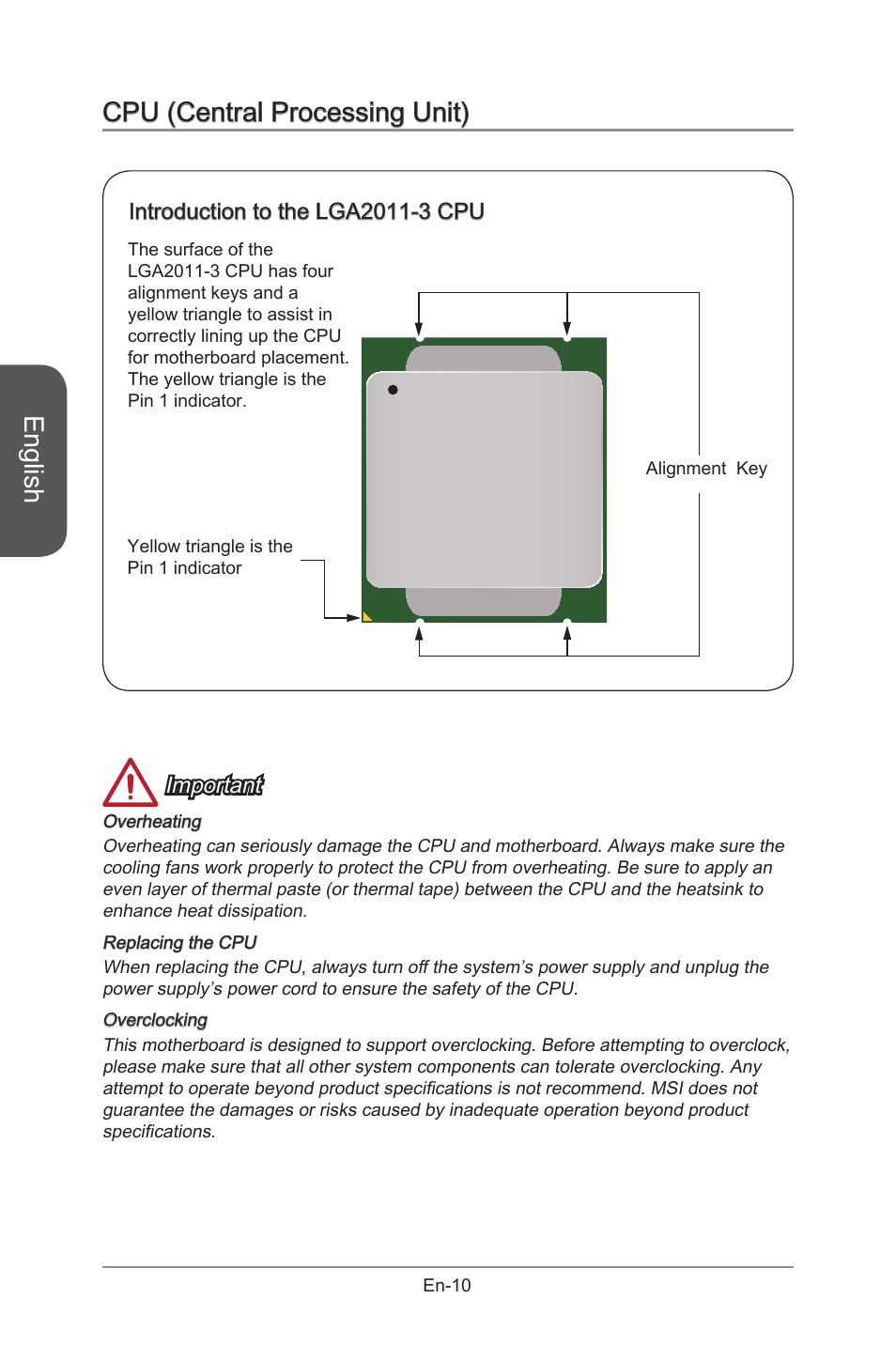 Cpu (central processing unit), English, Important | MSI X99S GAMING 9 AC User Manual | Page 24 / 236