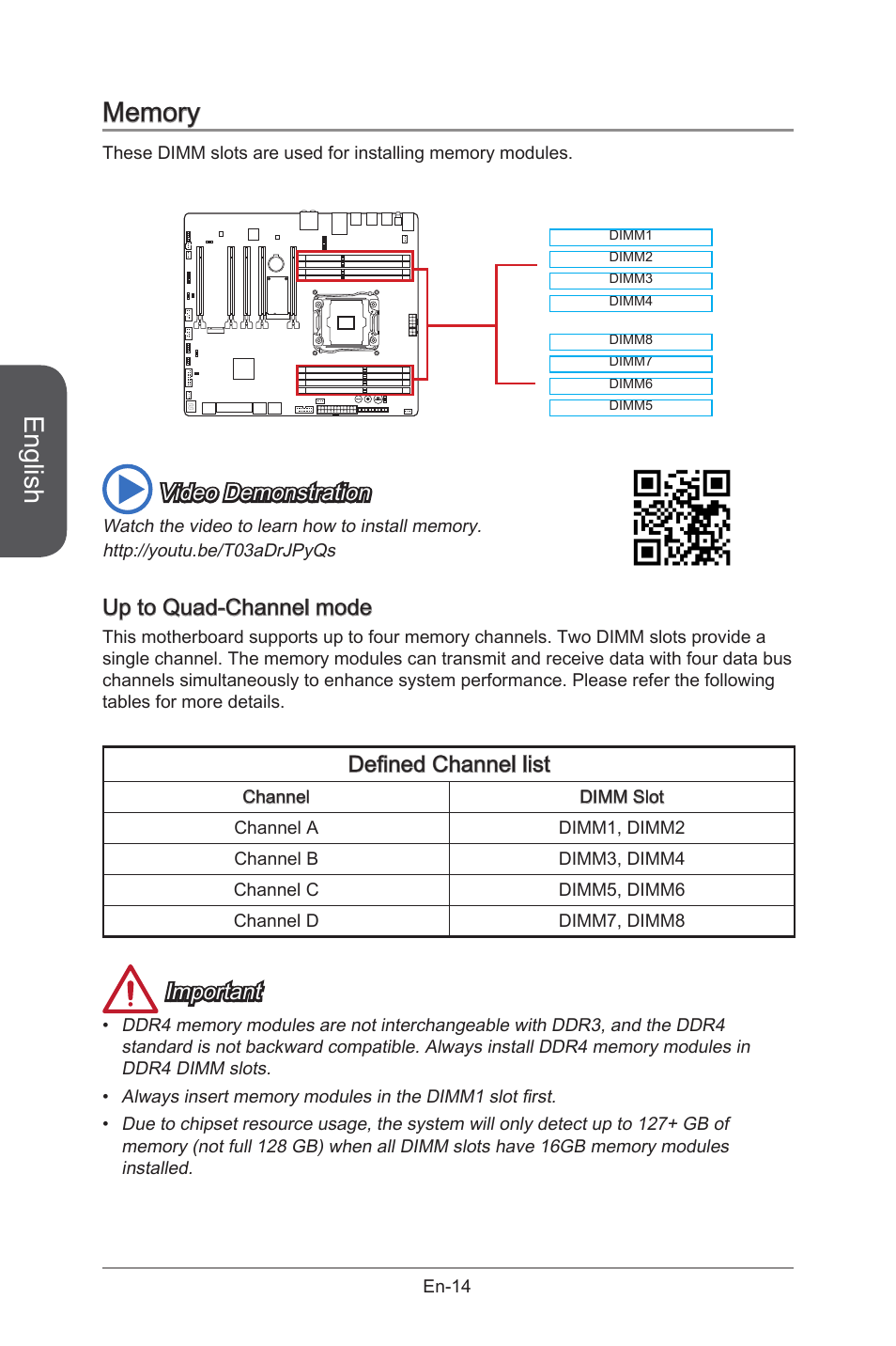 Memory, Defined channel list, Memory slots | En-14, English, Video demonstration, Up to quad-channel mode, Important | MSI X99S GAMING 9 AC User Manual | Page 28 / 236