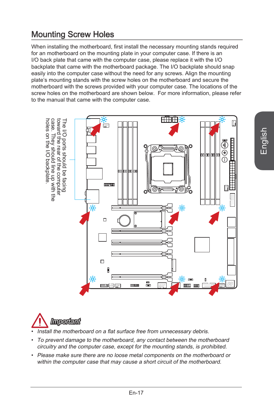 Mounting screw holes, English, Important | MSI X99S GAMING 9 AC User Manual | Page 31 / 236