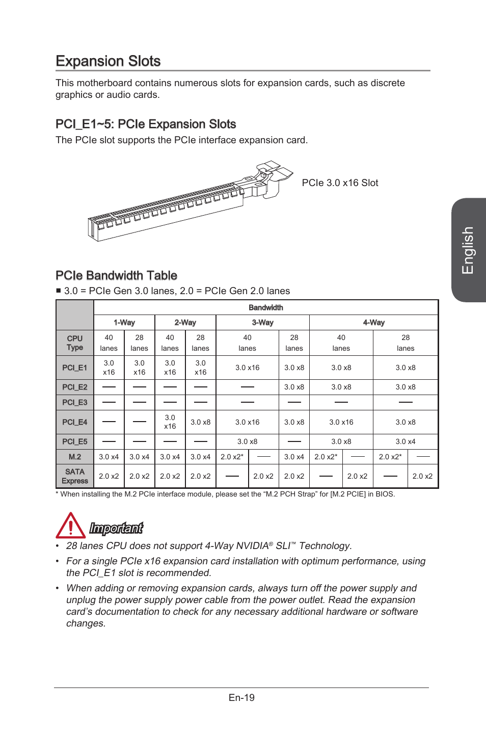 Expansion slots, Pci_e1~5: pcie expansion slots, Pci_e1~5 | Pcie expansion slots, En-19, English, Pcie bandwidth table, Important, 28 lanes cpu does not support 4-way nvidia | MSI X99S GAMING 9 AC User Manual | Page 33 / 236