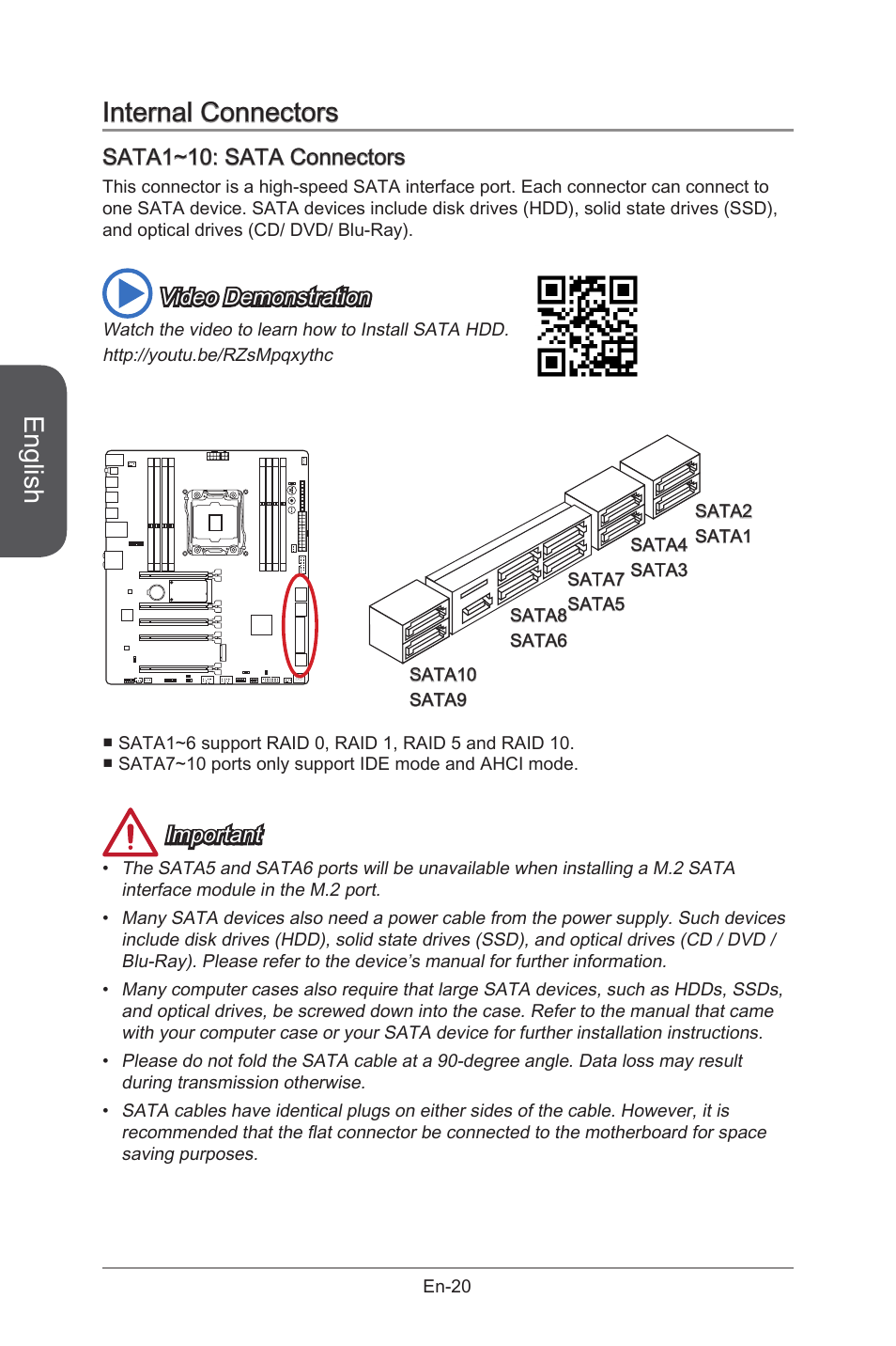 Internal connectors, Sata1~10: sata connectors, Sata1~10 | Sata connectors, En-20, English, Video demonstration, Important | MSI X99S GAMING 9 AC User Manual | Page 34 / 236