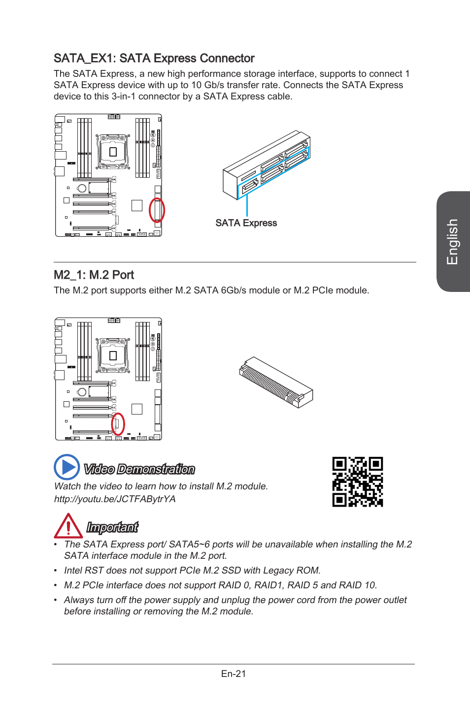 M2_1: m.2 port, Sata_ex1: sata express connector, M2_1 | M.2 port, En-21, Sata_ex1, Sata express connector, English, Video demonstration, Important | MSI X99S GAMING 9 AC User Manual | Page 35 / 236