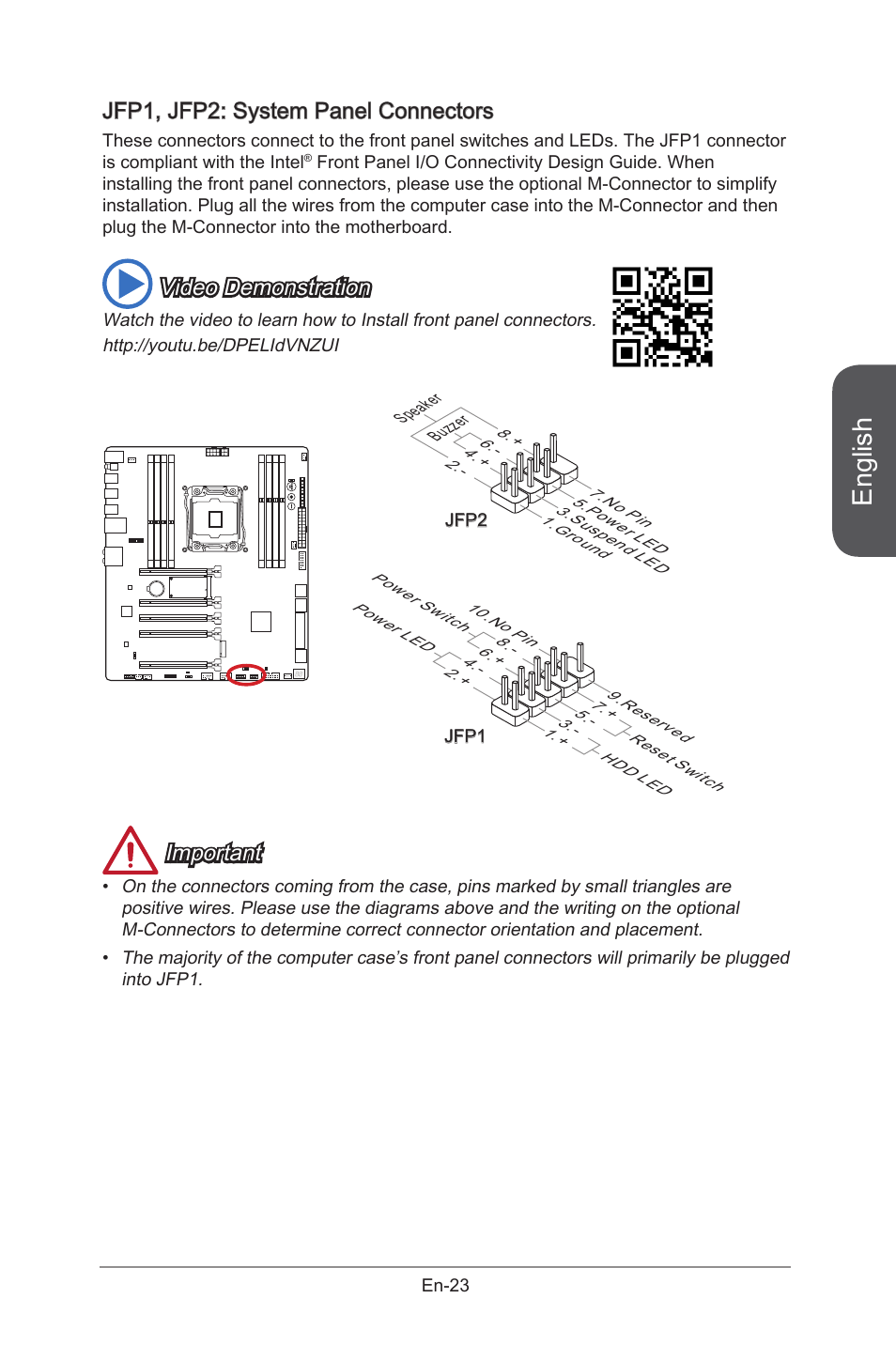 Jfp1, jfp2: system panel connectors, Jfp1, jfp2, System panel connectors | En-23, English, Video demonstration, Important | MSI X99S GAMING 9 AC User Manual | Page 37 / 236