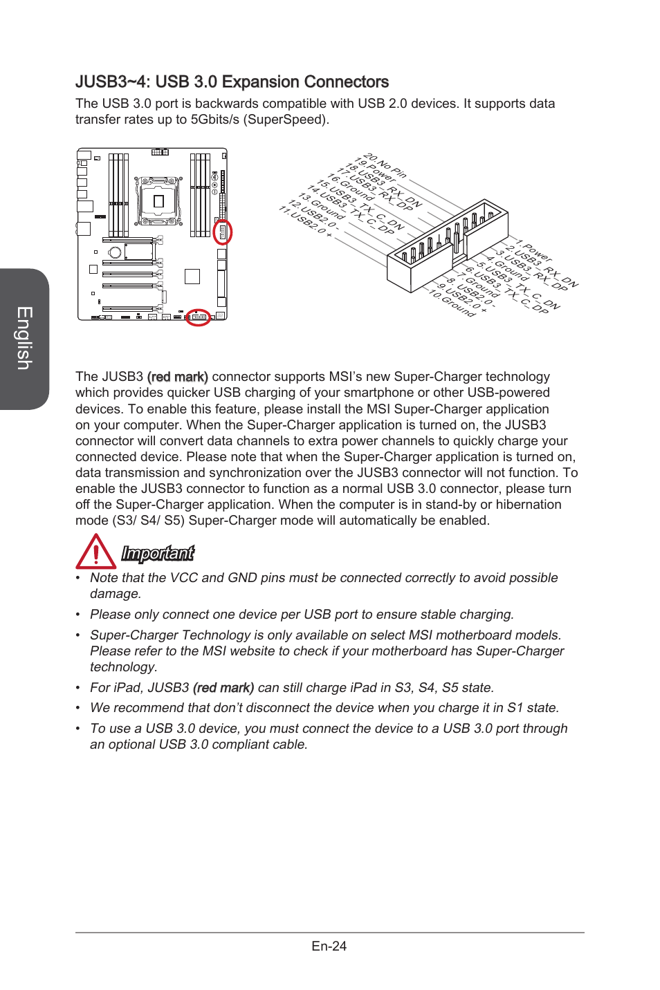 Jusb3~4: usb 3.0 expansion connectors, Jusb3~4, Usb 3.0 expansion connectors | En-24, English, Important | MSI X99S GAMING 9 AC User Manual | Page 38 / 236