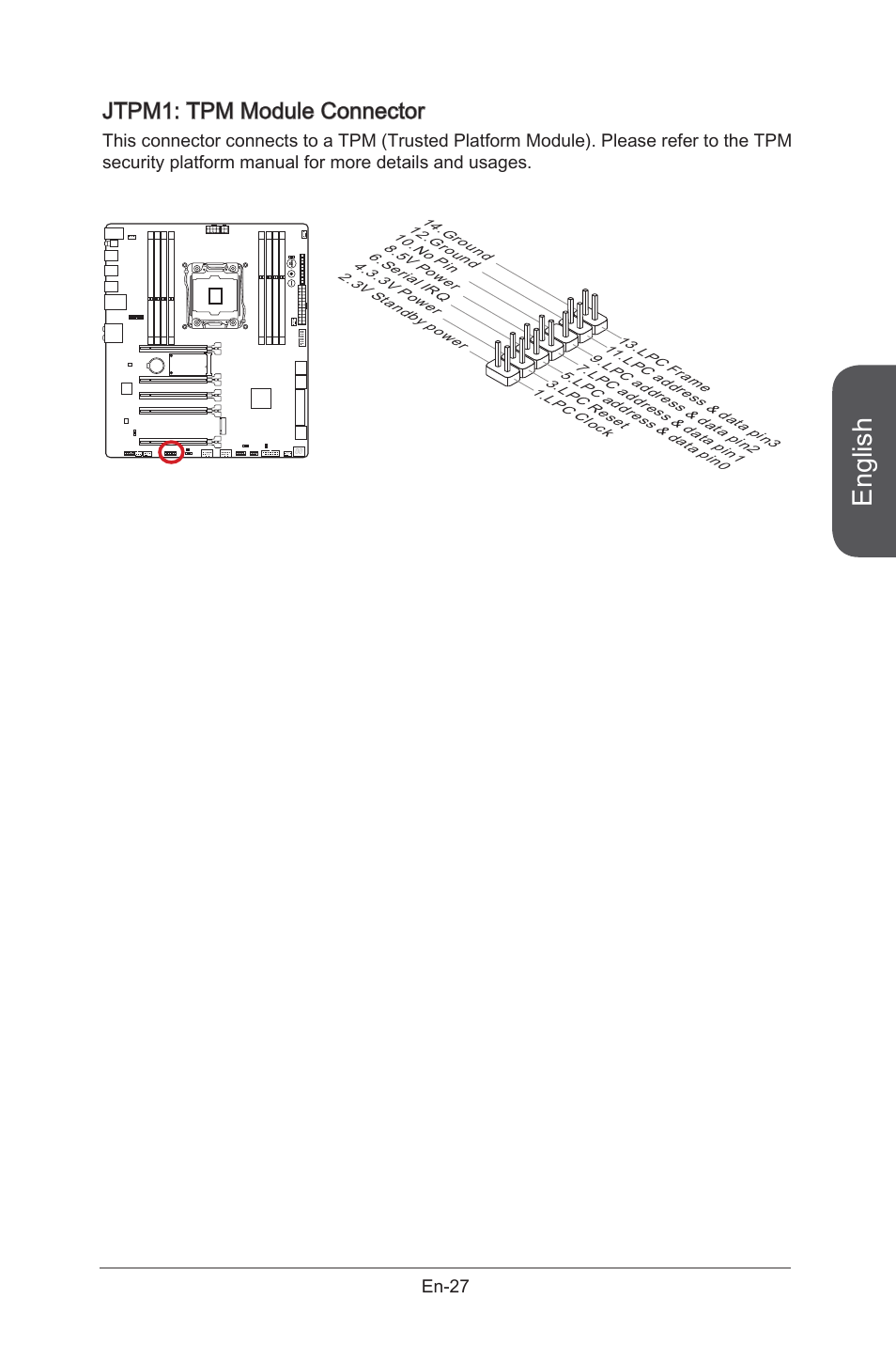 Jtpm1: tpm module connector, Jtpm1, Tpm module connector | En-27, English | MSI X99S GAMING 9 AC User Manual | Page 41 / 236