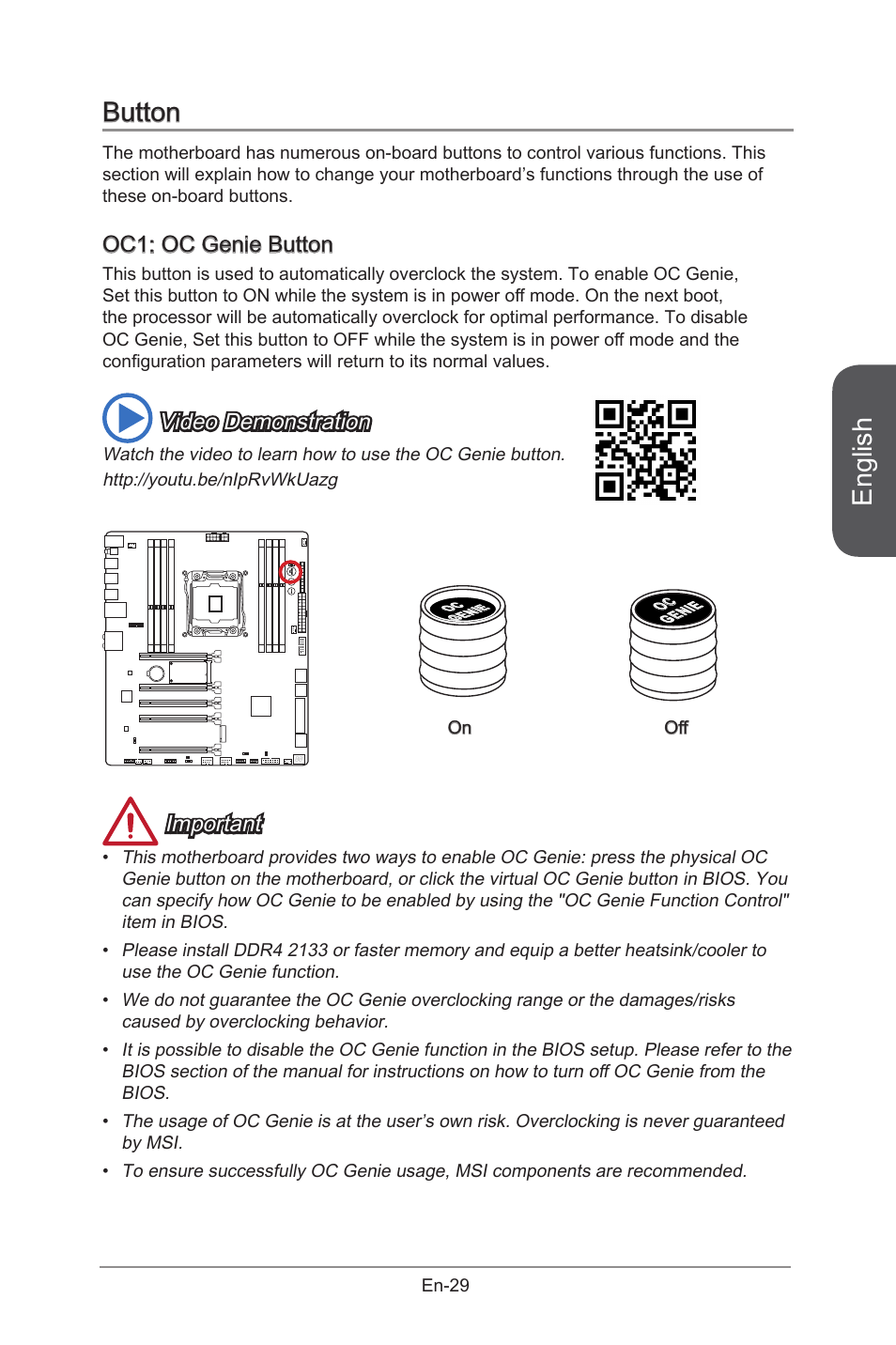 Button, Oc1: oc genie button, Oc genie button | En-29, English, Video demonstration, Important | MSI X99S GAMING 9 AC User Manual | Page 43 / 236