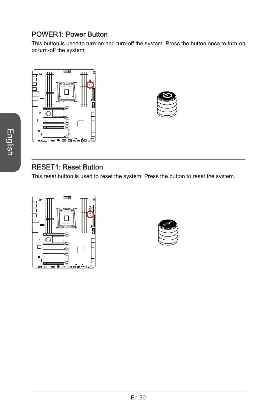 Power1: power button, Reset1: reset button, Power1 | Power button, En-30, Reset1, Reset button, English | MSI X99S GAMING 9 AC User Manual | Page 44 / 236