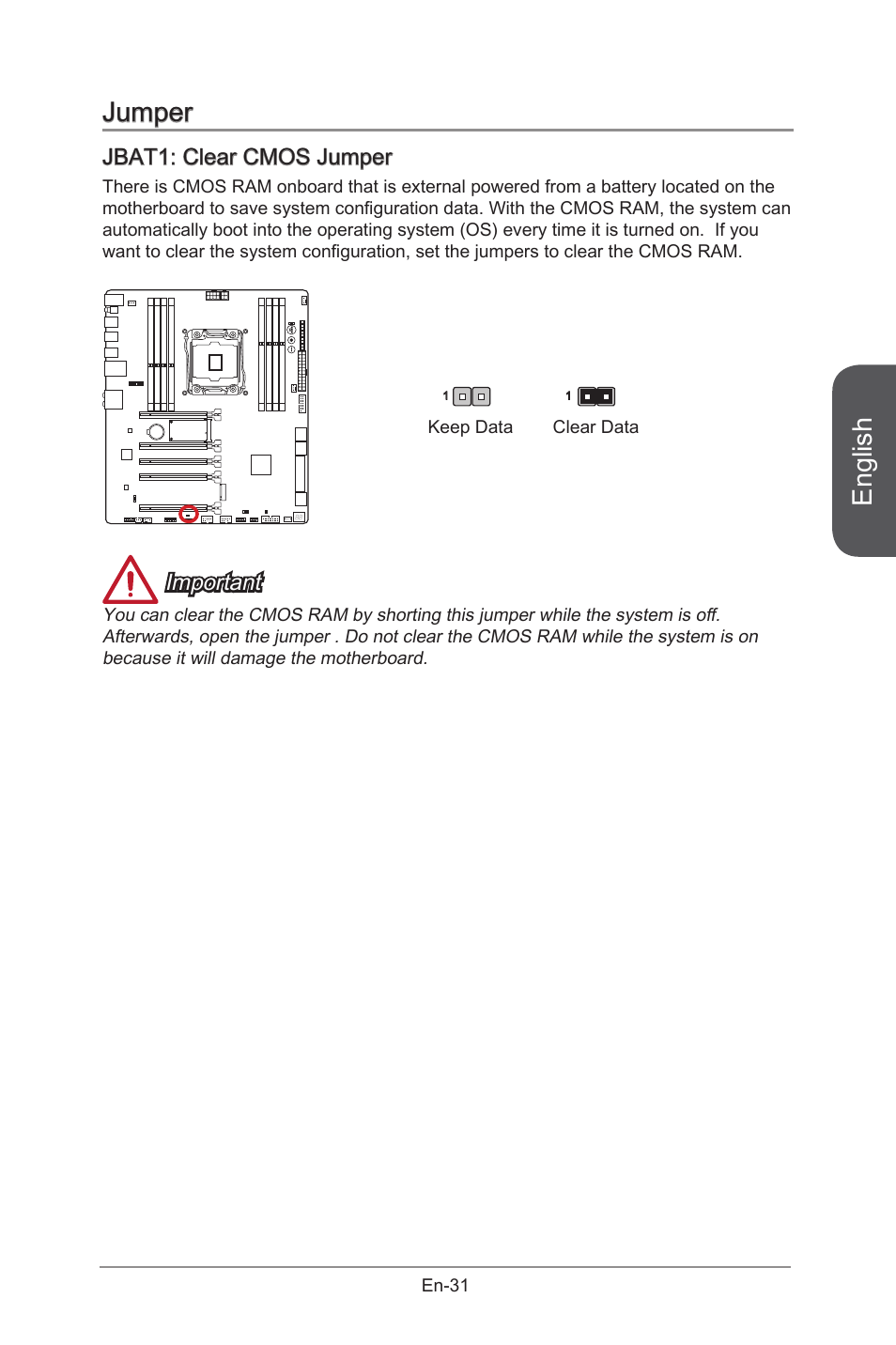 Jumper, Jbat1: clear cmos jumper, Jbat1 | Clear cmos jumper, En-31, English, Important | MSI X99S GAMING 9 AC User Manual | Page 45 / 236