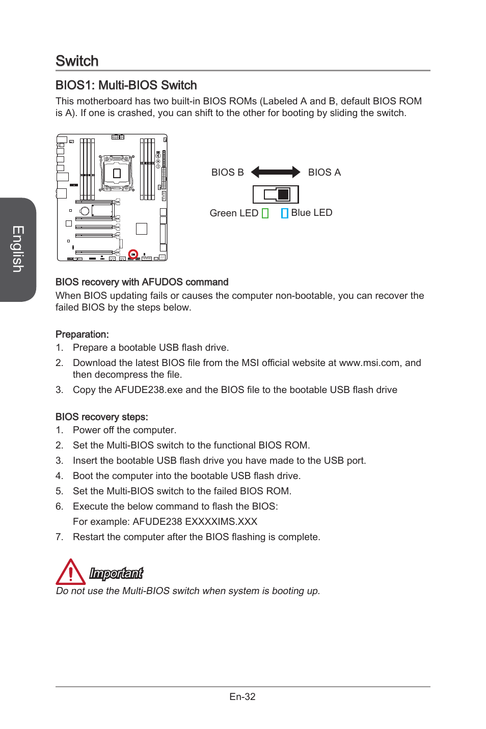 Switch, Bios1: multi-bios switch, Bios1 | Multi-bios switch, En-32, English, Important | MSI X99S GAMING 9 AC User Manual | Page 46 / 236