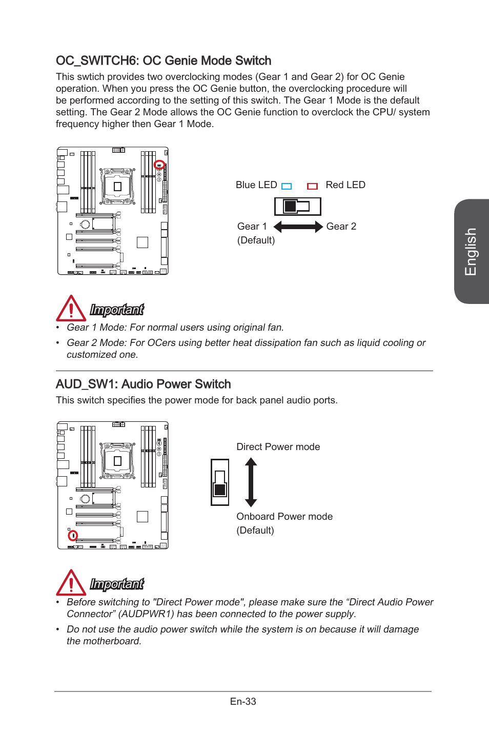 Aud_sw1: audio power switch, Oc_switch6: oc genie mode switch, Aud_sw1 | Audio power switch, En-33, Oc_switch6, Oc genie mode switch, English, Important | MSI X99S GAMING 9 AC User Manual | Page 47 / 236