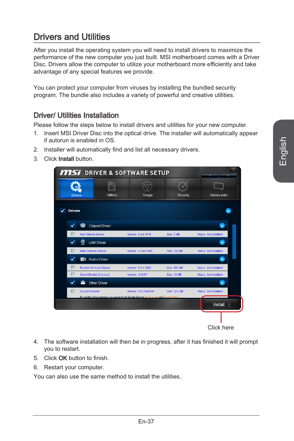 Drivers and utilities, English, Driver/ utilities installation | MSI X99S GAMING 9 AC User Manual | Page 51 / 236