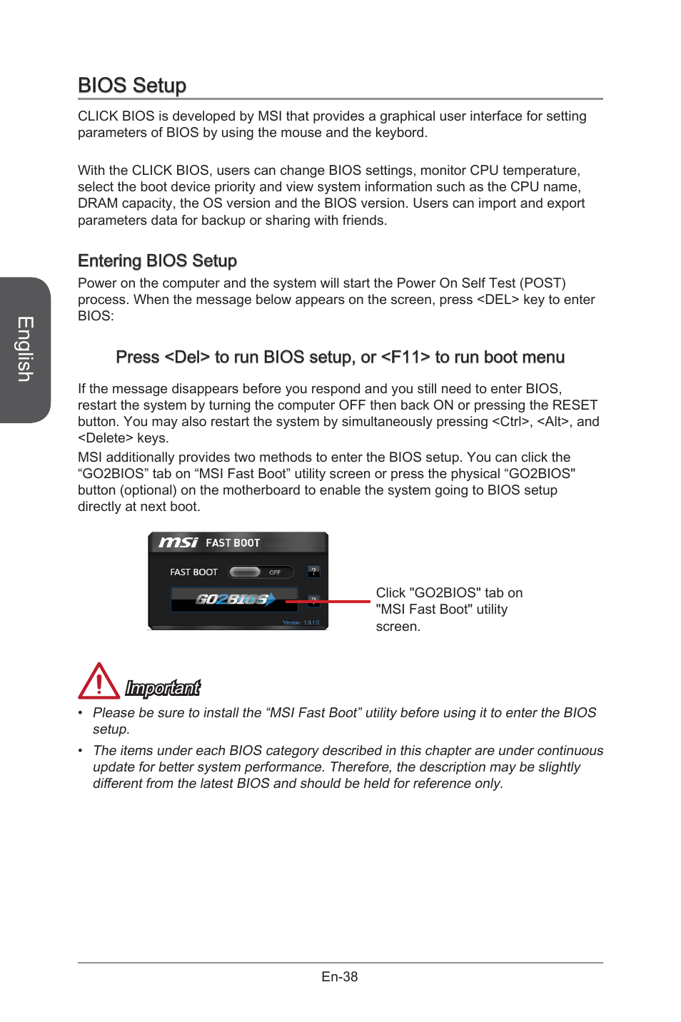 Bios setup, English, Entering bios setup | Important | MSI X99S GAMING 9 AC User Manual | Page 52 / 236