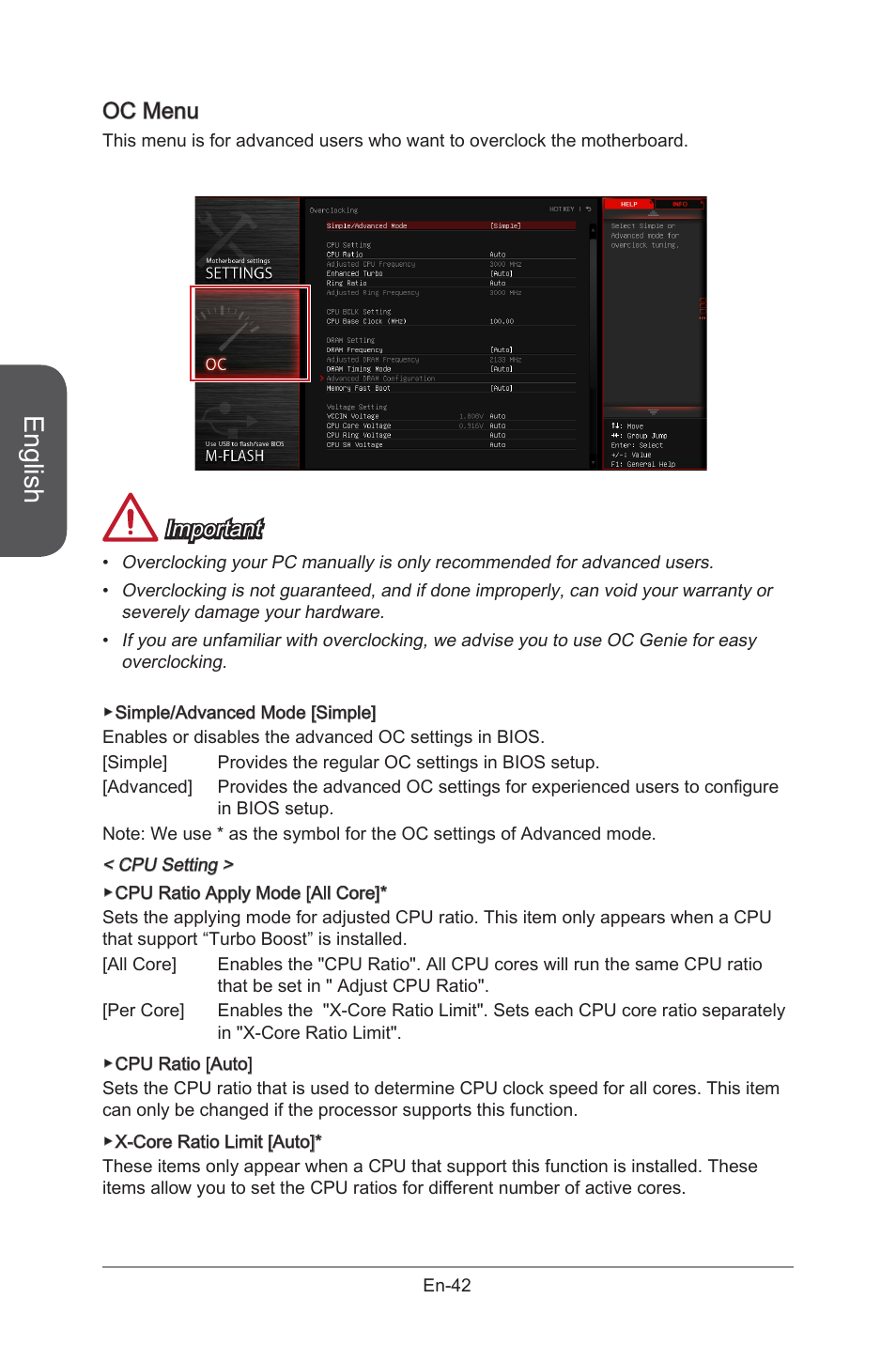 English, Oc menu, Important | MSI X99S GAMING 9 AC User Manual | Page 56 / 236