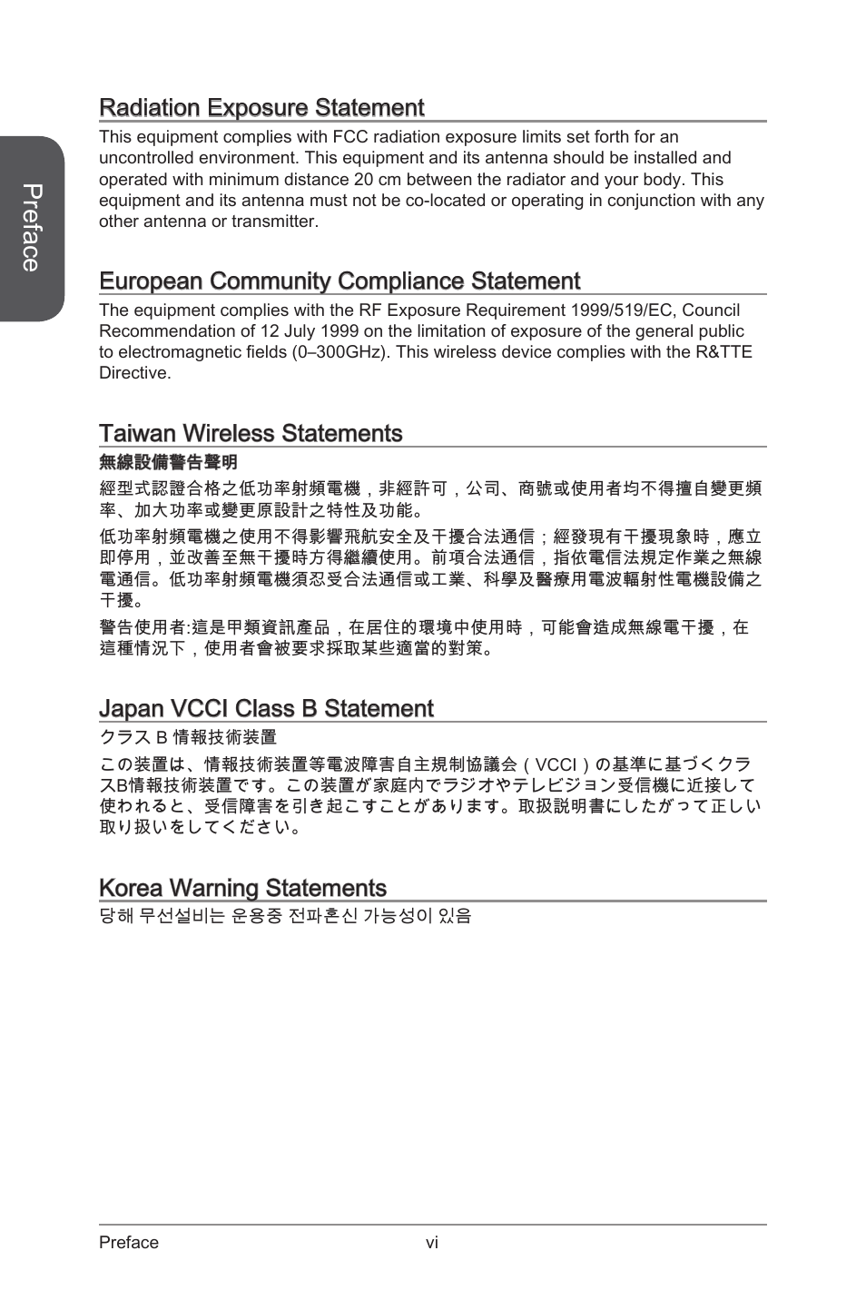 Preface, Radiation exposure statement, European community compliance statement | Taiwan wireless statements, Japan vcci class b statement, Korea warning statements | MSI X99S GAMING 9 AC User Manual | Page 6 / 236