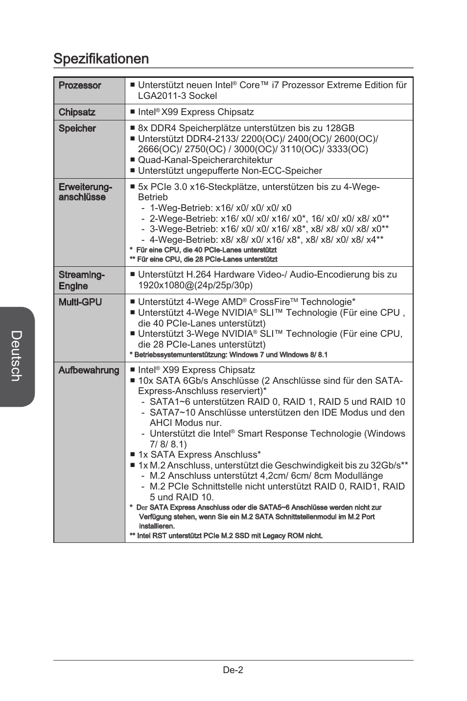 Spezifikationen, Deutsch | MSI X99S GAMING 9 AC User Manual | Page 68 / 236