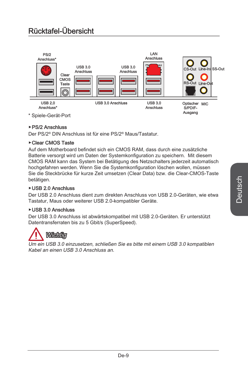 Rücktafel-übersicht, Deutsch, Wichtig | MSI X99S GAMING 9 AC User Manual | Page 75 / 236