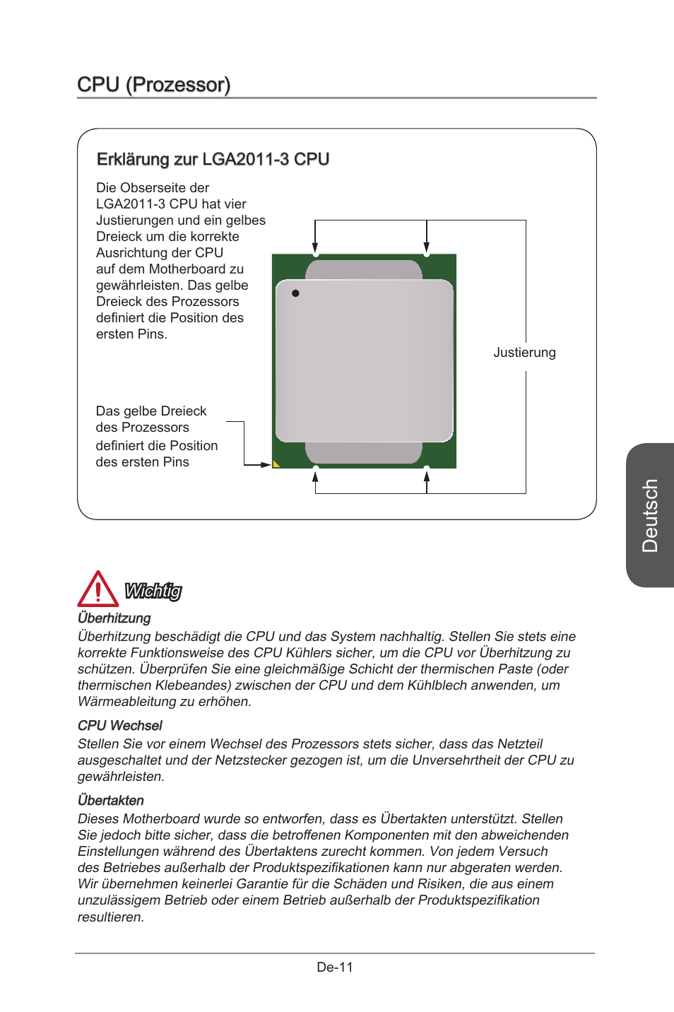 Cpu (prozessor), Deutsch, Wichtig | MSI X99S GAMING 9 AC User Manual | Page 77 / 236
