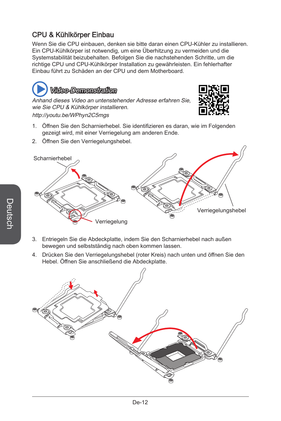 Lga2011-3 cpu sockel, De-12, Deutsch | Cpu & kühlkörper einbau, Video-demonstration | MSI X99S GAMING 9 AC User Manual | Page 78 / 236