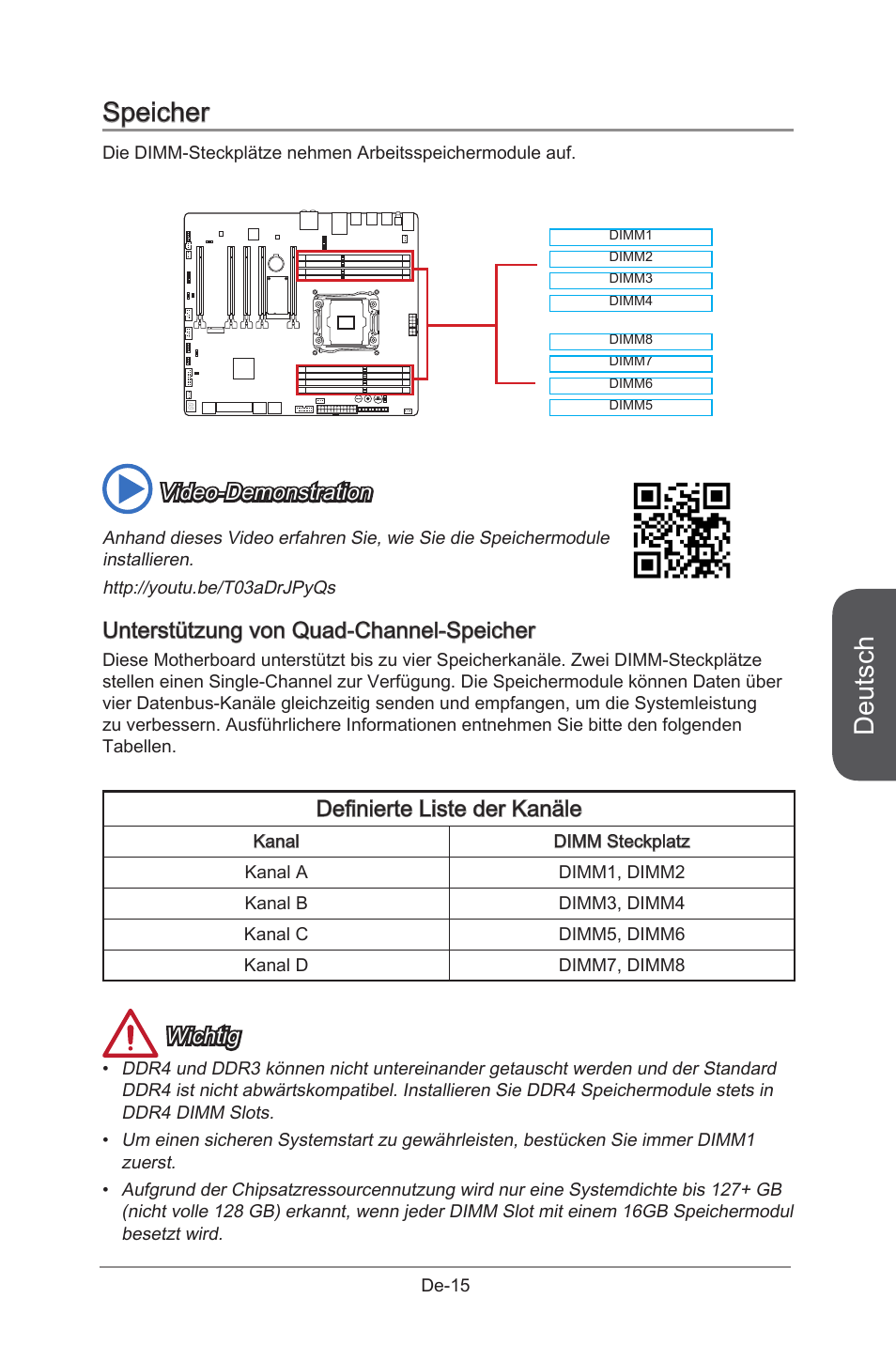 Speicher, Defined channel list, De-15 | Deutsch, Video-demonstration, Unterstützung von quad-channel-speicher, Definierte liste der kanäle, Wichtig | MSI X99S GAMING 9 AC User Manual | Page 81 / 236