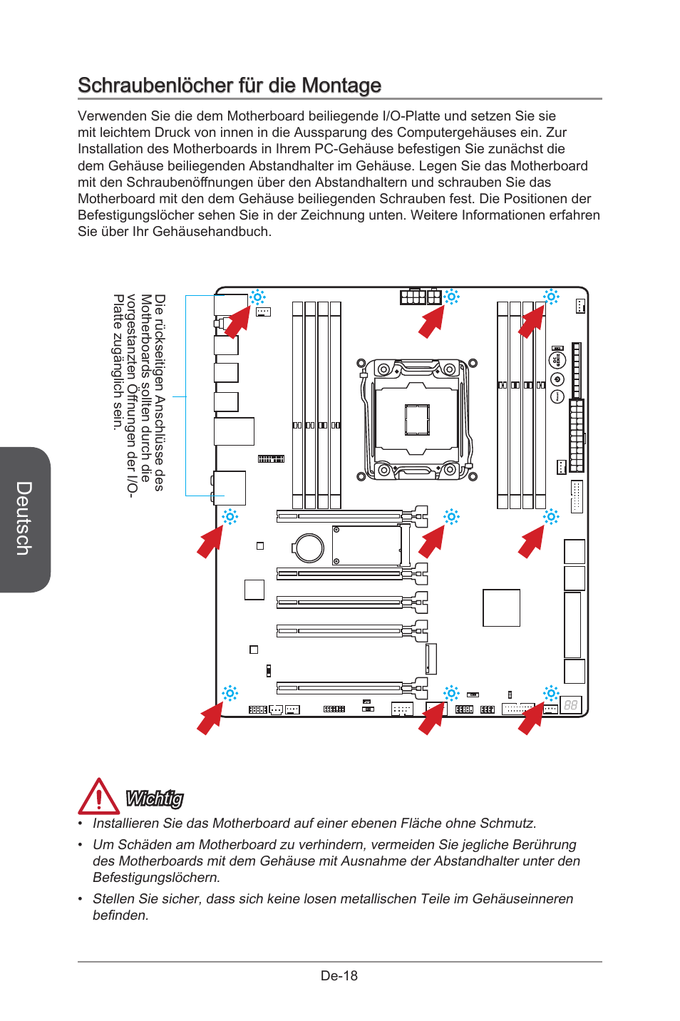 Schraubenlöcher für die montage, Deutsch, Wichtig | MSI X99S GAMING 9 AC User Manual | Page 84 / 236