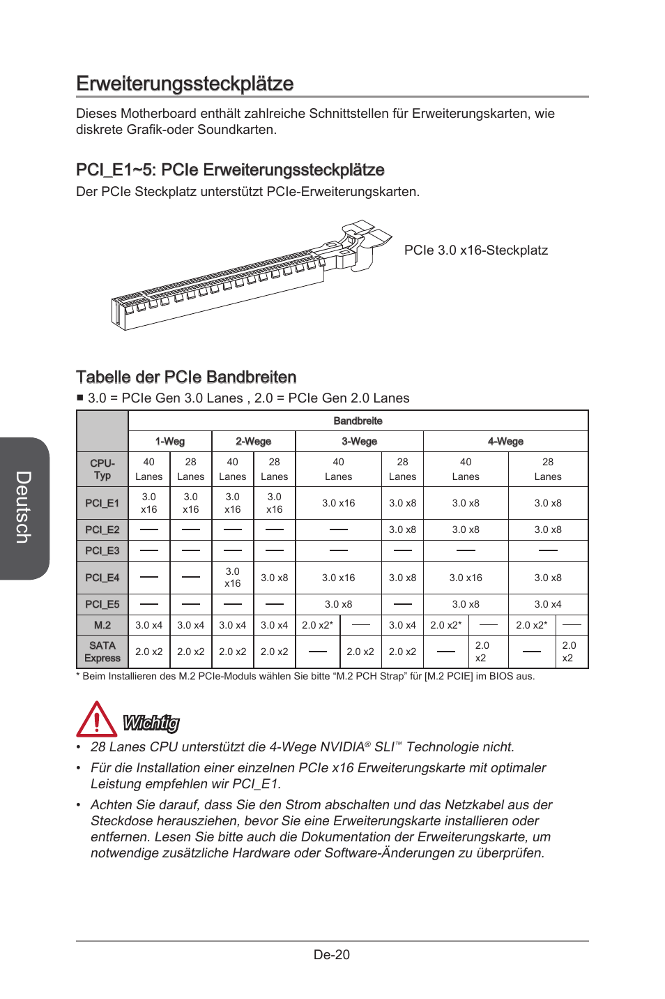 Erweiterungssteckplätze, Pci_e1~5: pcie expansion slots, Pci_e1~5 pcie | Erweiterungssteckplätze de-20, Deutsch, Pci_e1~5: pcie erweiterungssteckplätze, Tabelle der pcie bandbreiten, Wichtig, De-20, 28 lanes cpu unterstützt die 4-wege nvidia | MSI X99S GAMING 9 AC User Manual | Page 86 / 236