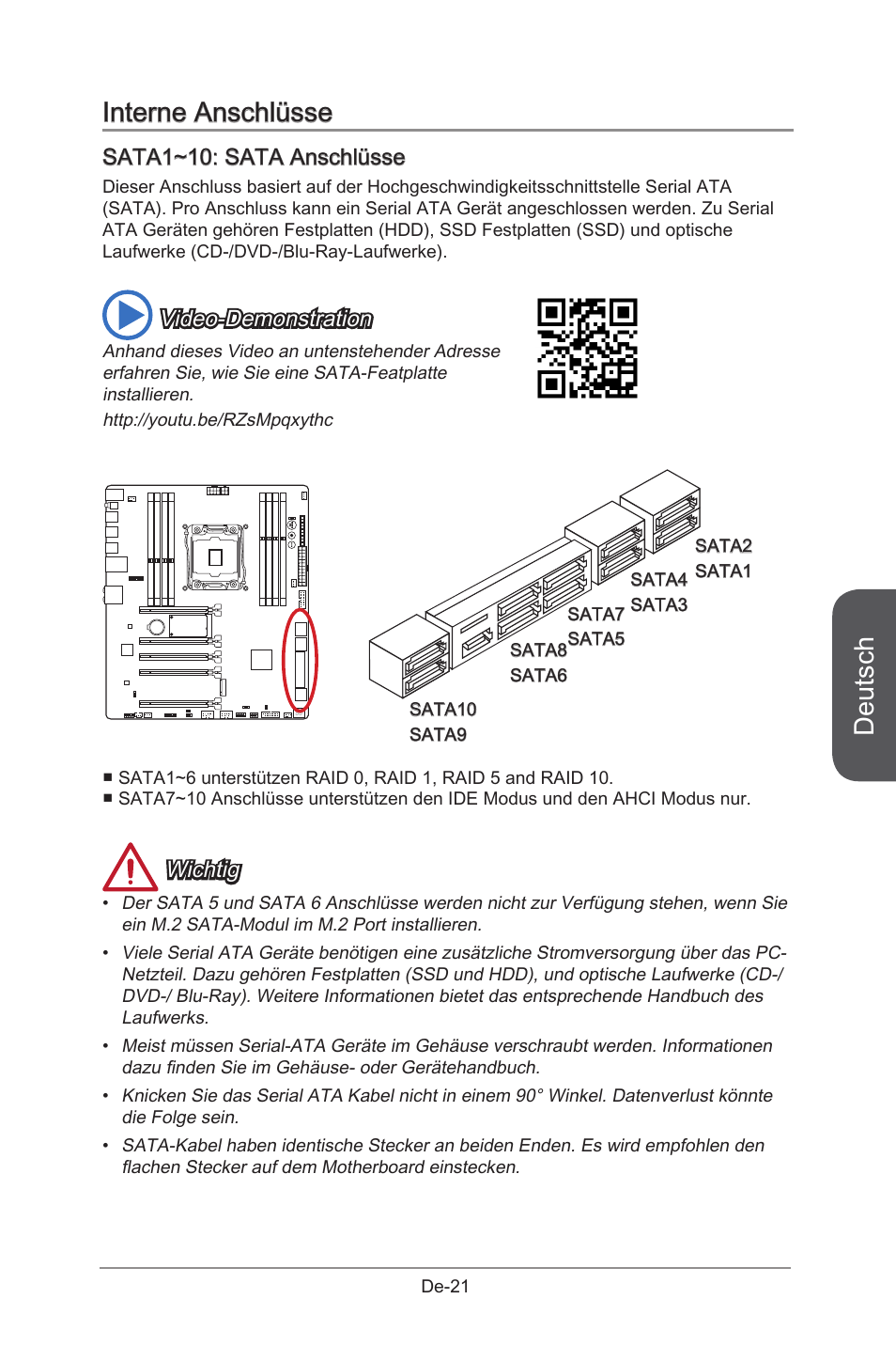 Interne anschlüsse, Sata1~10: sata connectors, Sata1~10 sata | Anschlüsse de-21, Deutsch, Sata1~10: sata anschlüsse, Video-demonstration, Wichtig | MSI X99S GAMING 9 AC User Manual | Page 87 / 236