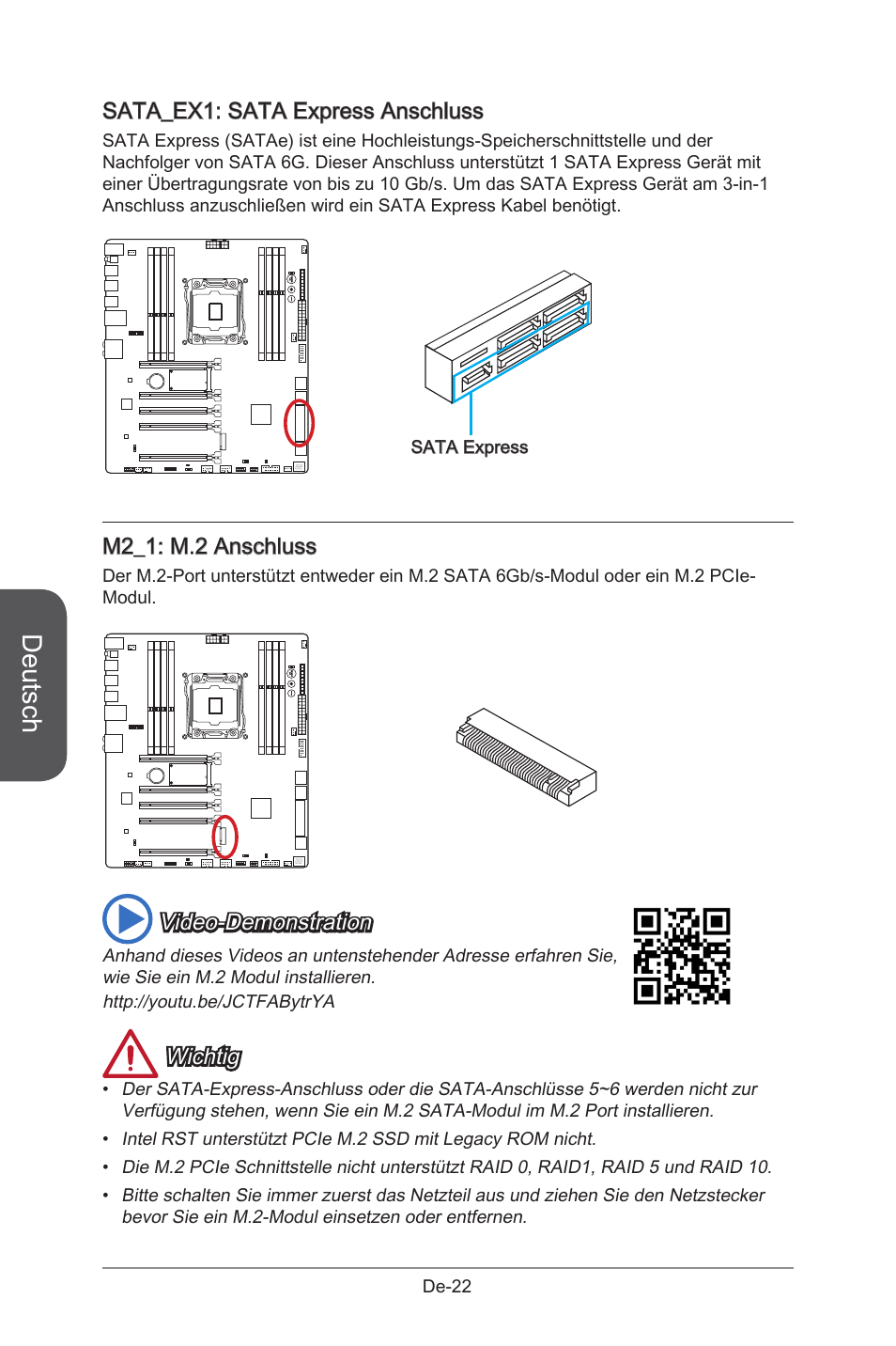 M2_1: m.2 port, Sata_ex1: sata express connector, M2_1 | M.2 anschluss, De-22, Sata_ex1, Sata express anschluss, Deutsch, Sata_ex1: sata express anschluss, M2_1: m.2 anschluss | MSI X99S GAMING 9 AC User Manual | Page 88 / 236