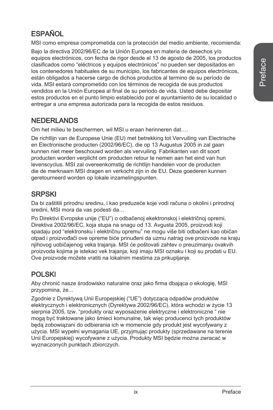 Preface, Español, Nederlands | Srpski, Polski | MSI X99S GAMING 9 AC User Manual | Page 9 / 236