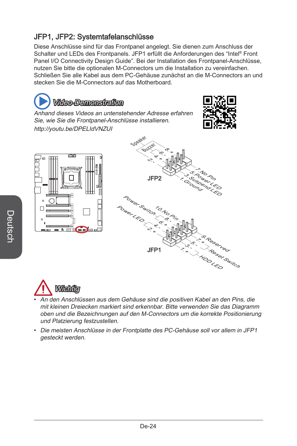 Jfp1, jfp2: system panel connectors, Jfp1, jfp2, Systemtafelanschlüsse | De-24, Deutsch, Jfp1, jfp2: systemtafelanschlüsse, Video-demonstration, Wichtig | MSI X99S GAMING 9 AC User Manual | Page 90 / 236