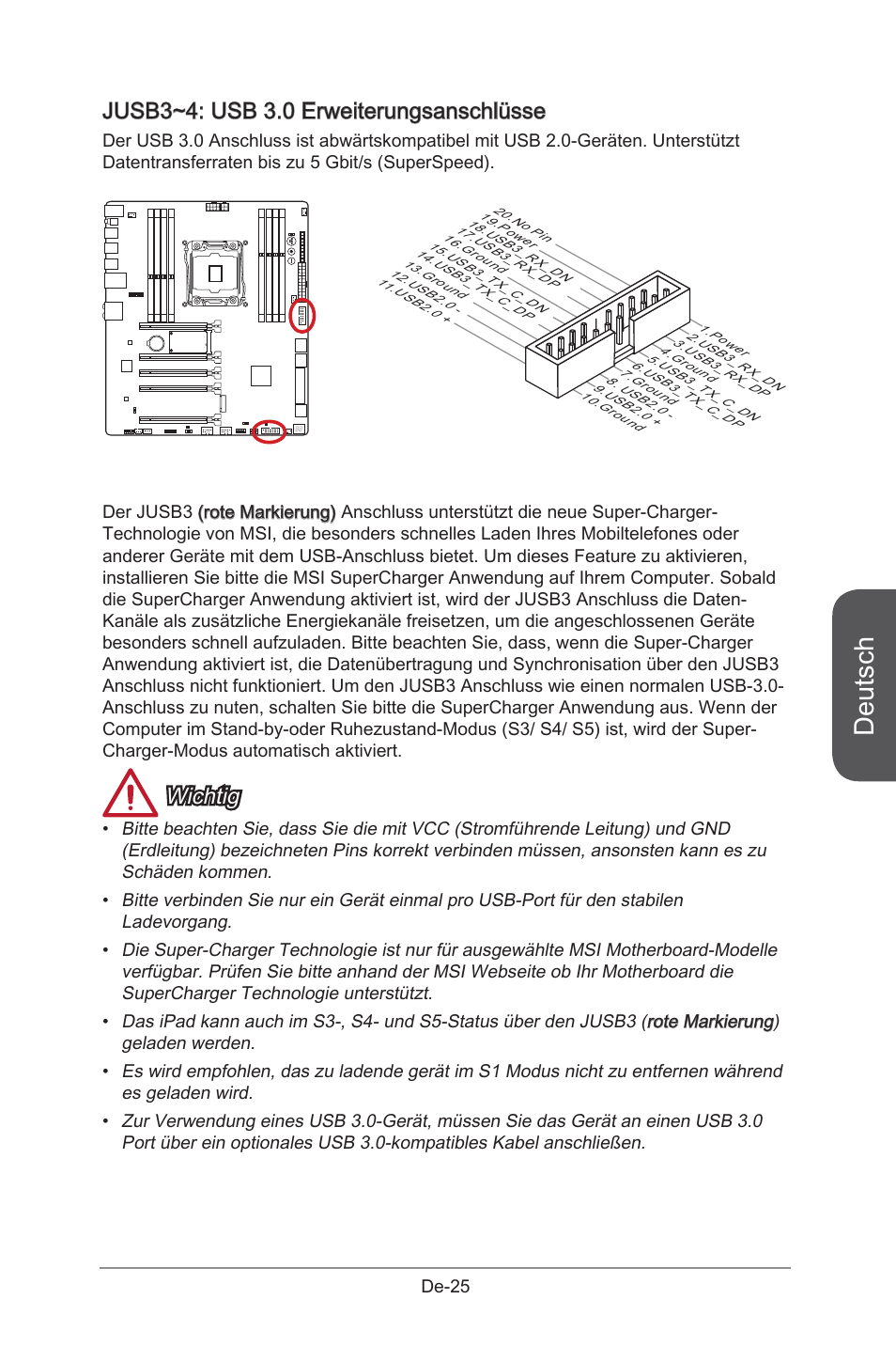 Jusb3~4: usb 3.0 expansion connectors, Jusb3~4, Usb 3.0 erweiterungsanschlüsse de-25 | Deutsch, Jusb3~4: usb 3.0 erweiterungsanschlüsse, Wichtig | MSI X99S GAMING 9 AC User Manual | Page 91 / 236