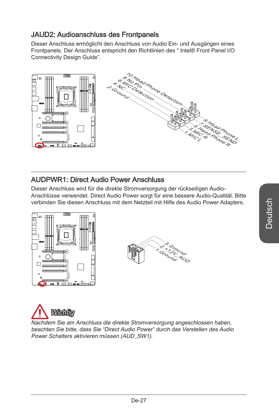 Audpwr1: direct audio power connector, Jaud2: front panel audio connector, Audpwr1 | Direct audio power anschluss, De-27, Jaud2, Audioanschluss des frontpanels de-27, Deutsch, Jaud2: audioanschluss des frontpanels, Audpwr1: direct audio power anschluss | MSI X99S GAMING 9 AC User Manual | Page 93 / 236