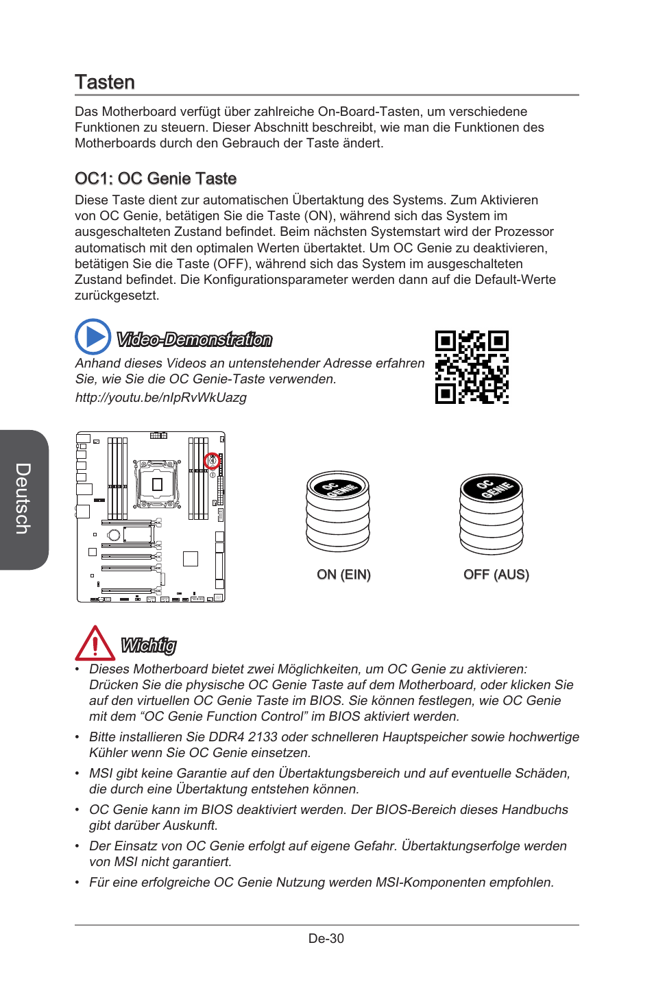 Tasten, Oc1: oc genie button, Oc genie taste | De-30, Deutsch, Oc1: oc genie taste, Video-demonstration, Wichtig | MSI X99S GAMING 9 AC User Manual | Page 96 / 236