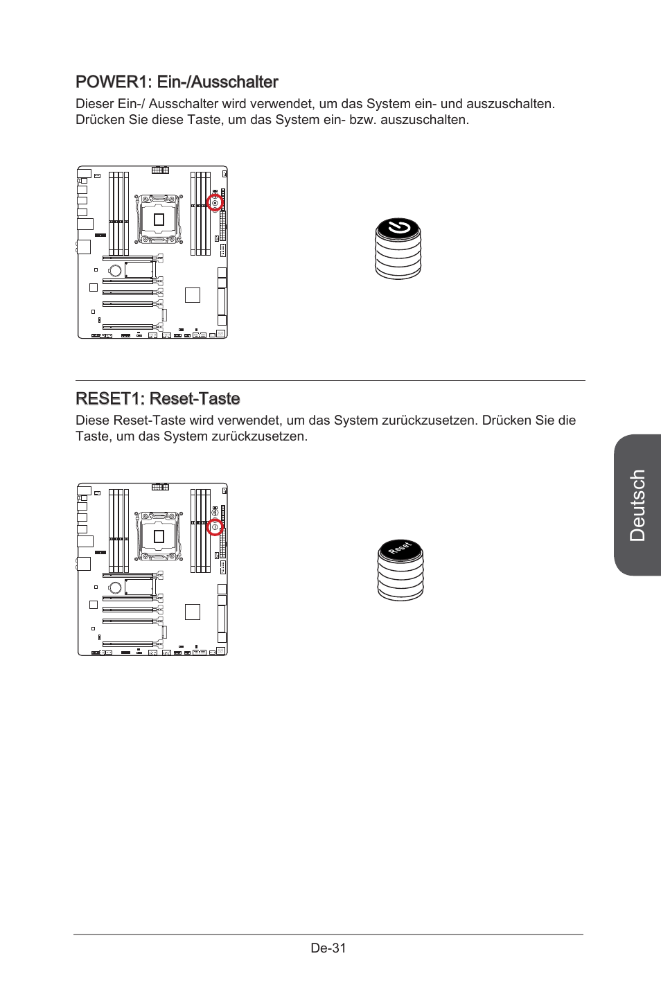 Power1: power button, Reset1: reset button, Power1 | Ein-/ausschalter, De-31, Reset1, Reset-taste, Deutsch, Power1: ein-/ausschalter, Reset1: reset-taste | MSI X99S GAMING 9 AC User Manual | Page 97 / 236