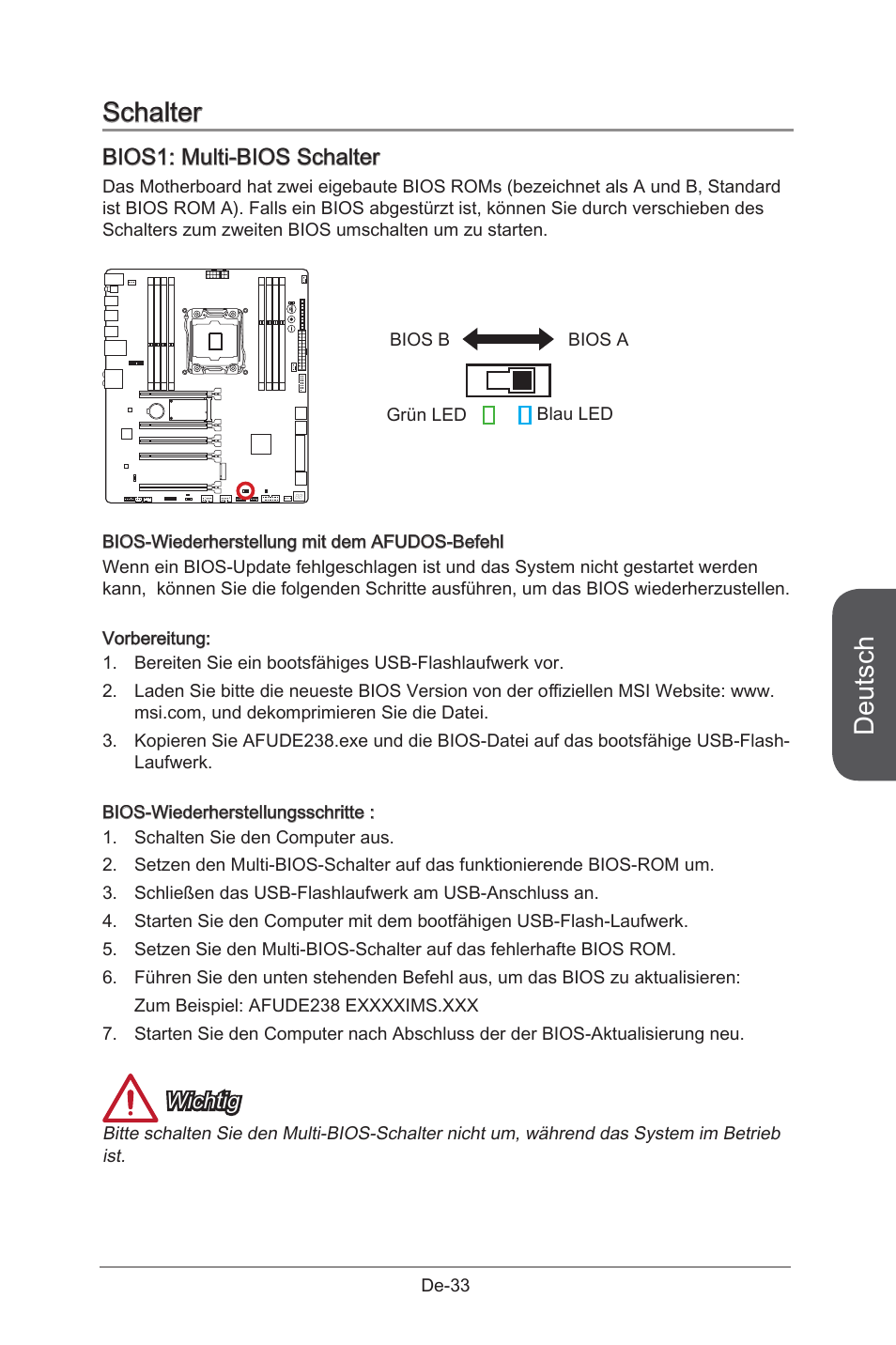 Schalter, Bios1: multi-bios switch, Bios1 | Multi-bios schalter, De-33, Deutsch, Bios1: multi-bios schalter, Wichtig | MSI X99S GAMING 9 AC User Manual | Page 99 / 236