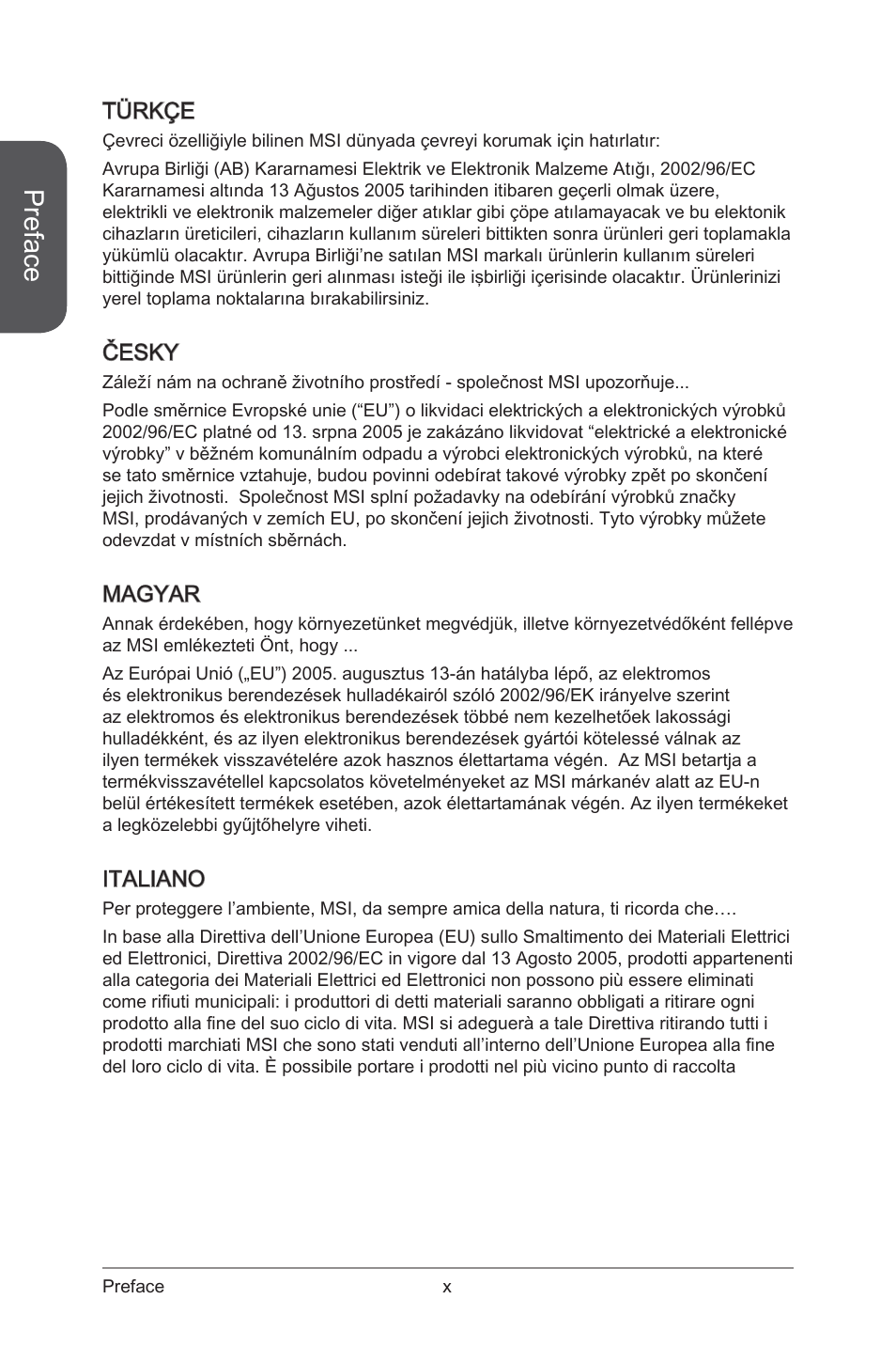 Preface, Türkçe, Česky | Magyar, Italiano | MSI X99S GAMING 7 Manual User Manual | Page 10 / 112