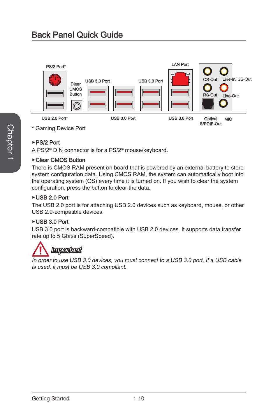 Back panel quick guide -10, Chapter 1, Back panel quick guide | Important | MSI X99S GAMING 7 Manual User Manual | Page 24 / 112