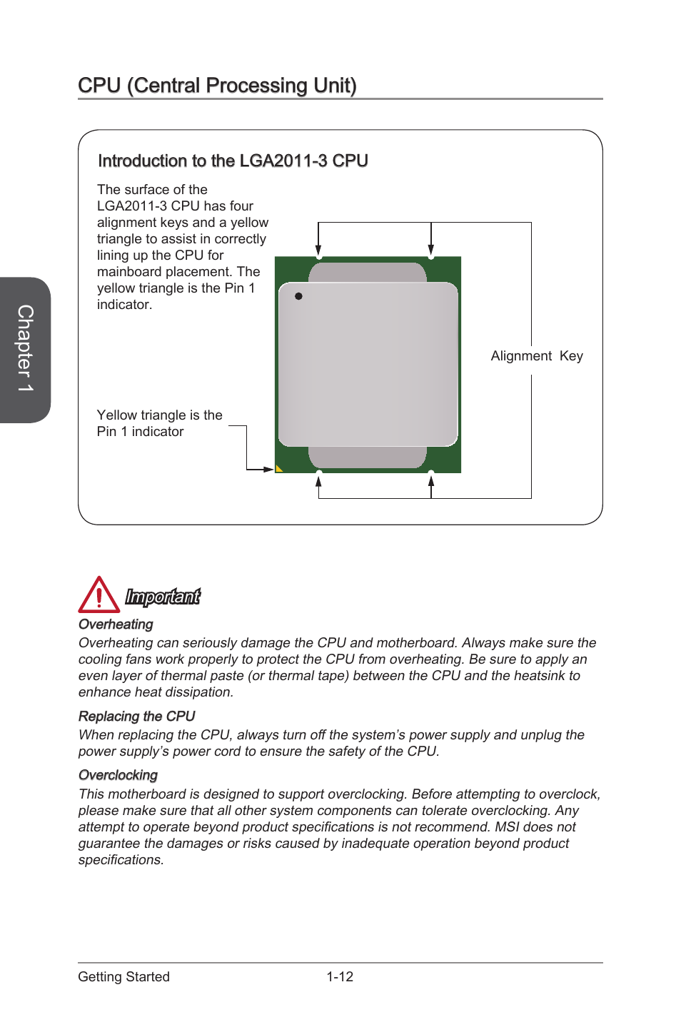 Cpu (central processing unit) -12, Introduction to the lga2011-3 cpu -12, Chapter 1 | Cpu (central processing unit), Important | MSI X99S GAMING 7 Manual User Manual | Page 26 / 112