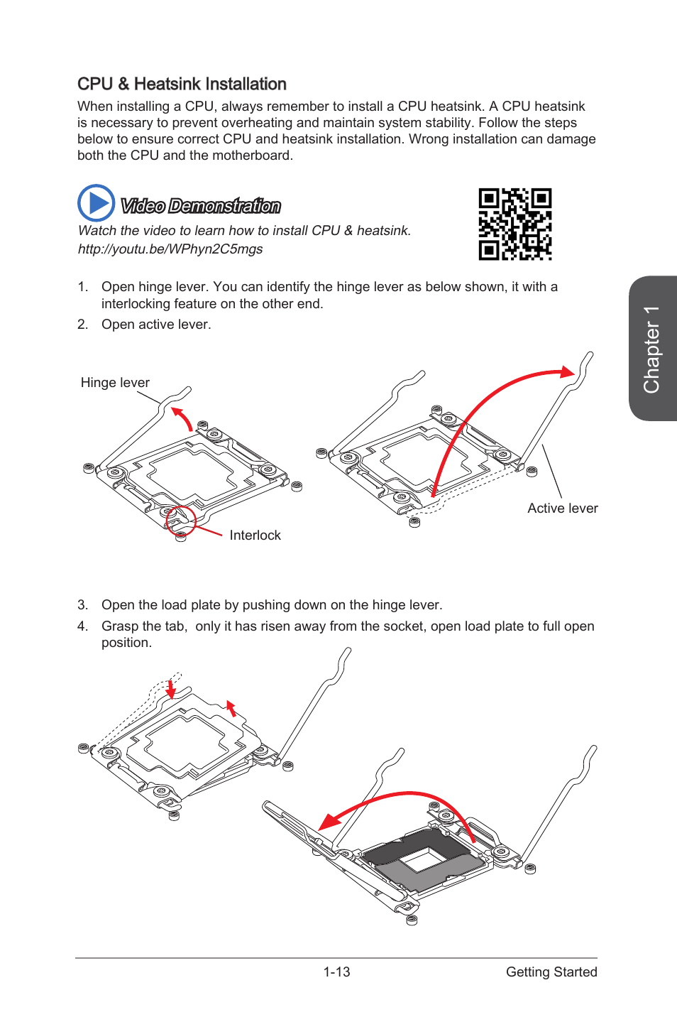 Cpu & heatsink installation -13, Chapter 1, Cpu & heatsink installation | Video demonstration | MSI X99S GAMING 7 Manual User Manual | Page 27 / 112