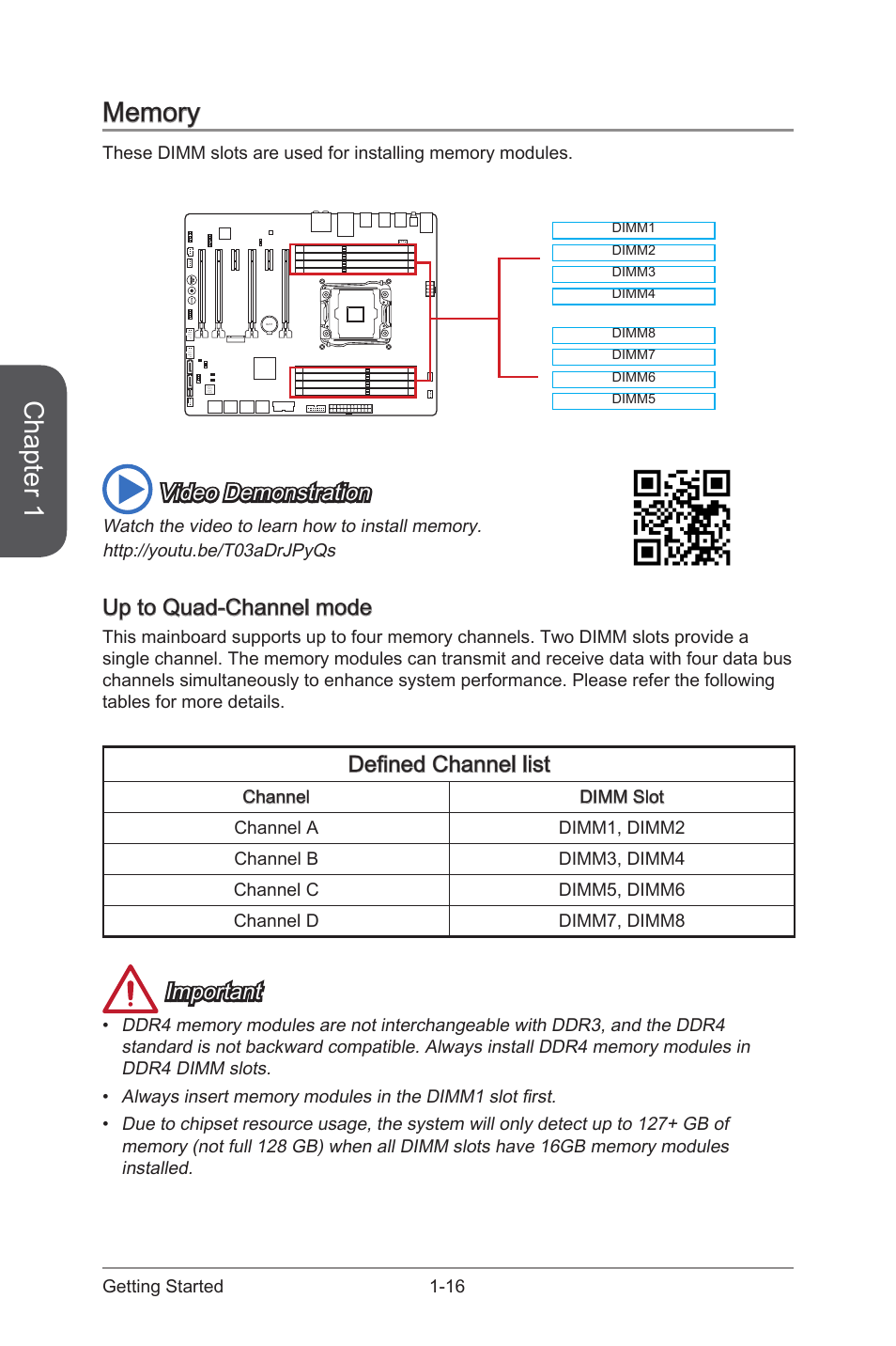 Defined channel list, Memory -16, Chapter 1 | Video demonstration, Up to quad-channel mode, Important | MSI X99S GAMING 7 Manual User Manual | Page 30 / 112