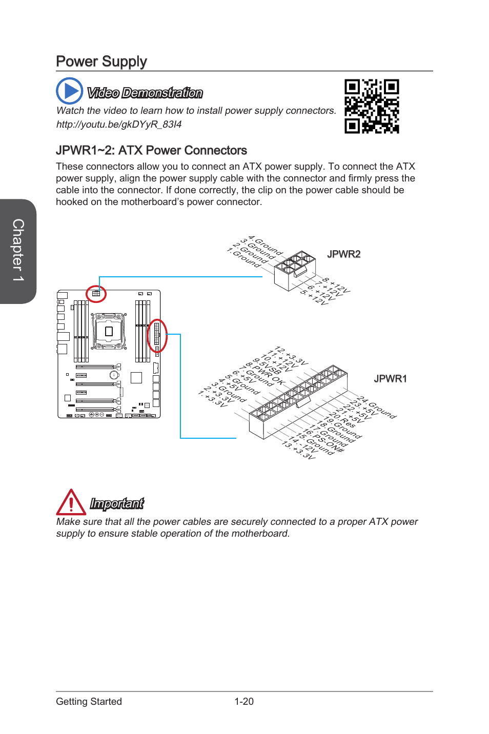 Jpwr1~2: atx power connectors, Power supply -20, Jpwr1~2: atx power connectors -20 | Jpwr1~2, Atx power connectors, Chapter 1, Power supply, Video demonstration, Important, 20 getting started | MSI X99S GAMING 7 Manual User Manual | Page 34 / 112