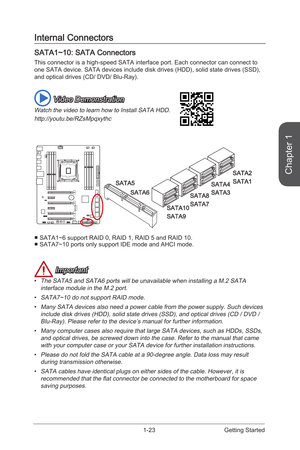 Sata1~10: sata connectors, Internal connectors -23, Sata1~10: sata connectors -23 | Sata1~10, Sata connectors, Chapter 1, Internal connectors, Video demonstration, Important | MSI X99S GAMING 7 Manual User Manual | Page 37 / 112