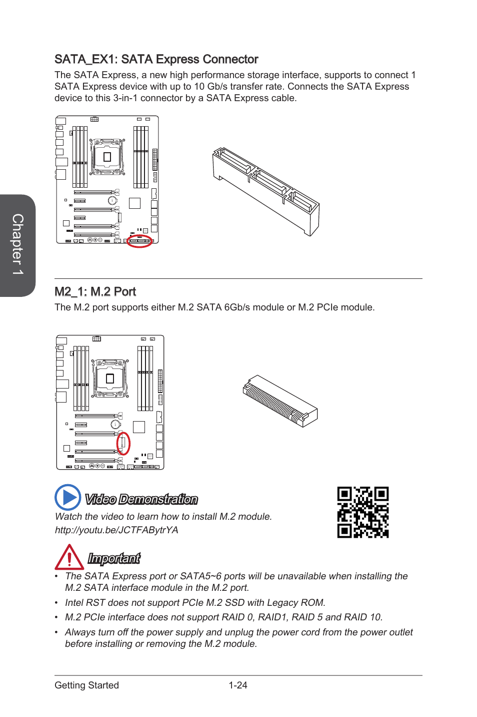 M2_1: m.2 port, Sata_ex1: sata express connector, M2_1 | M.2 port, Sata_ex1, Sata express connector, Chapter 1, Video demonstration, Important, 24 getting started | MSI X99S GAMING 7 Manual User Manual | Page 38 / 112