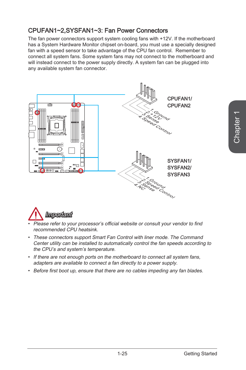 Cpufan1~2,sysfan1~3: fan power connectors, Cpufan1~2,sysfan1~3: fan power connectors -25, Cpufan1~2,sysfan1~3 fan power connectors | Chapter 1, Important | MSI X99S GAMING 7 Manual User Manual | Page 39 / 112