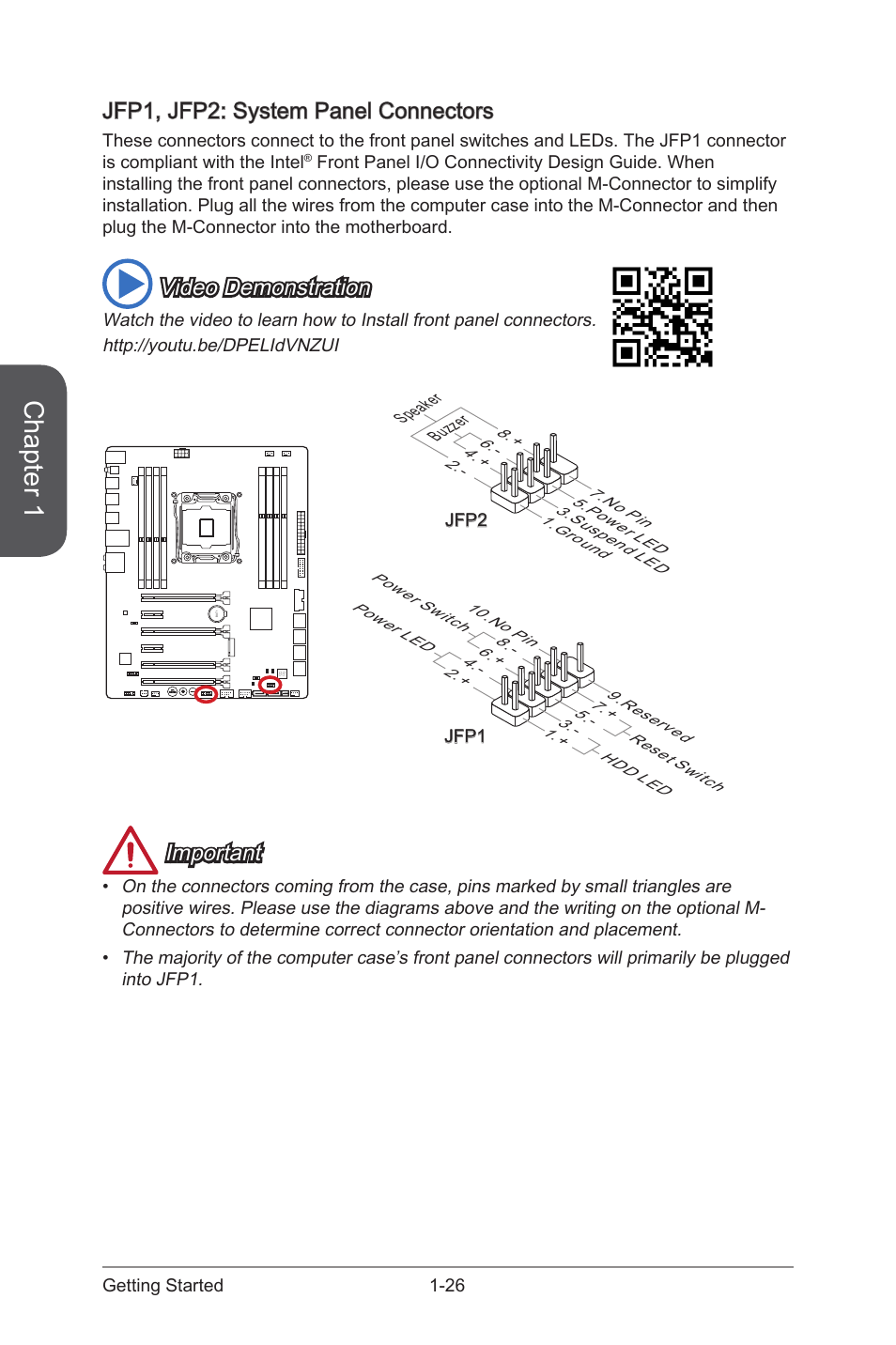 Jfp1, jfp2: system panel connectors, Jfp1, jfp2: system panel connectors -26, Jfp1, jfp2 | System panel connectors, Chapter 1, Video demonstration, Important | MSI X99S GAMING 7 Manual User Manual | Page 40 / 112