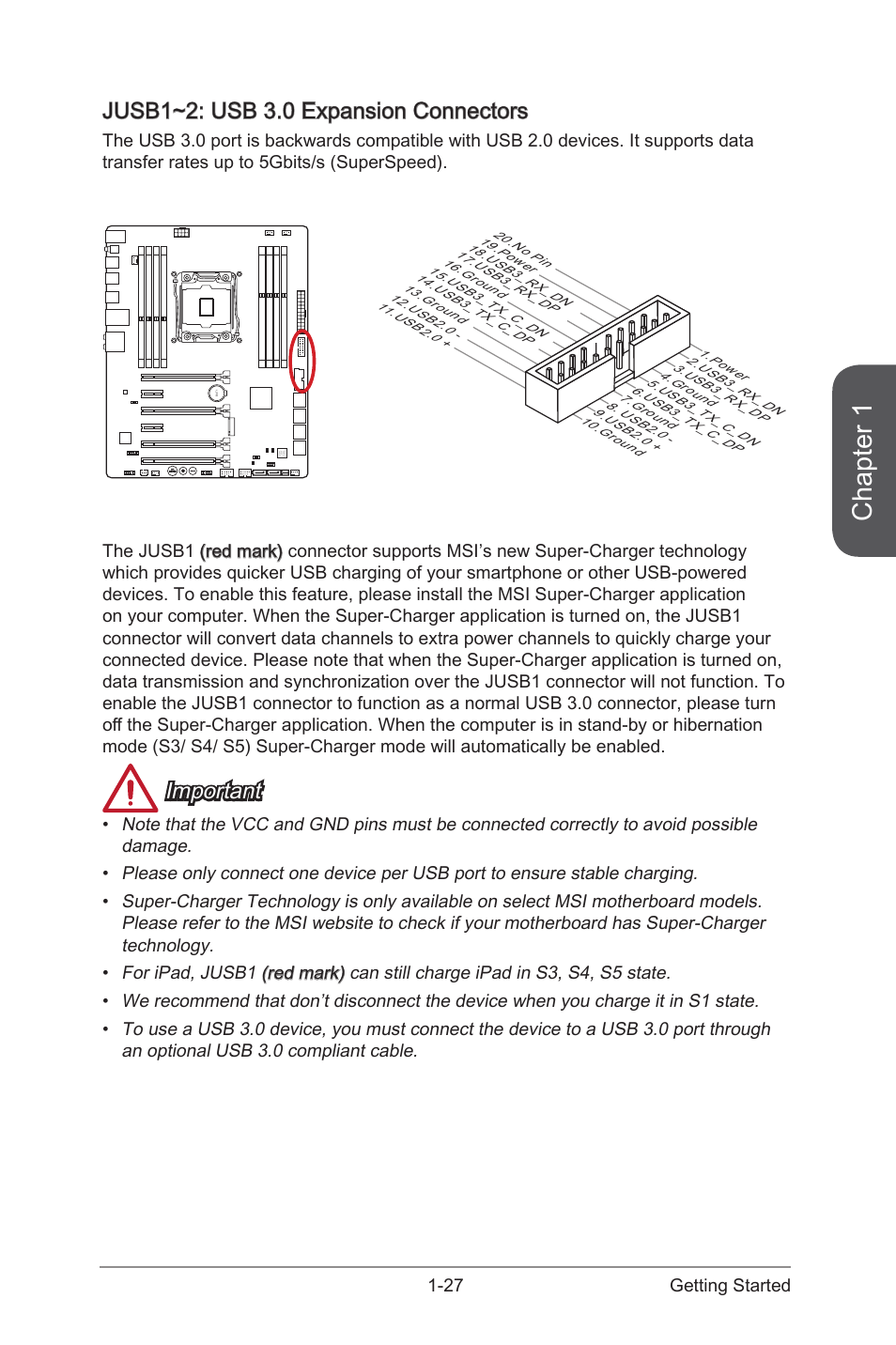 Jusb1~2: usb 3.0 expansion connectors, Jusb1~2: usb 3.0 expansion connectors -27, Jusb1~2 | Usb 3.0 expansion connectors, Chapter 1, Important, 27 getting started | MSI X99S GAMING 7 Manual User Manual | Page 41 / 112