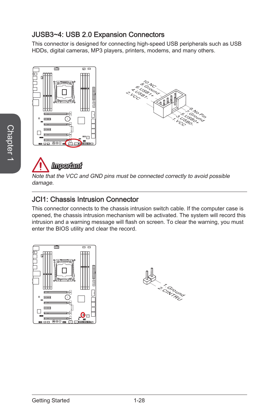 Jci1: chassis intrusion connector, Jusb3~4: usb 2.0 expansion connectors, Jci1 | Chassis intrusion connector, Jusb3~4, Usb 2.0 expansion connectors, Chapter 1, Important, 28 getting started | MSI X99S GAMING 7 Manual User Manual | Page 42 / 112