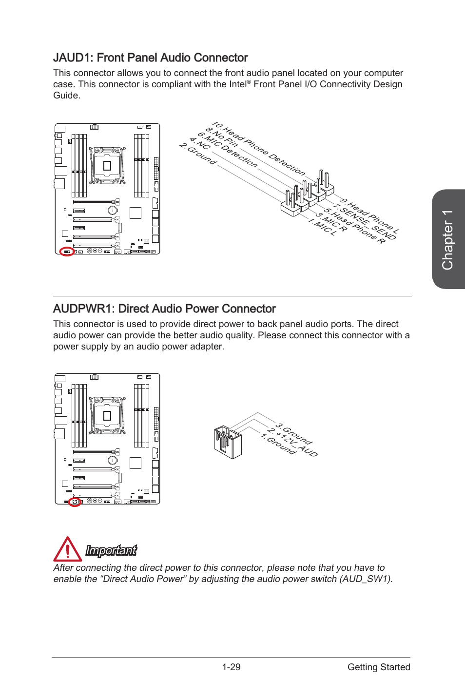 Audpwr1: direct audio power connector, Jaud1: front panel audio connector, Audpwr1 | Direct audio power connector, Jaud1, Front panel audio connector, Chapter 1, Important | MSI X99S GAMING 7 Manual User Manual | Page 43 / 112