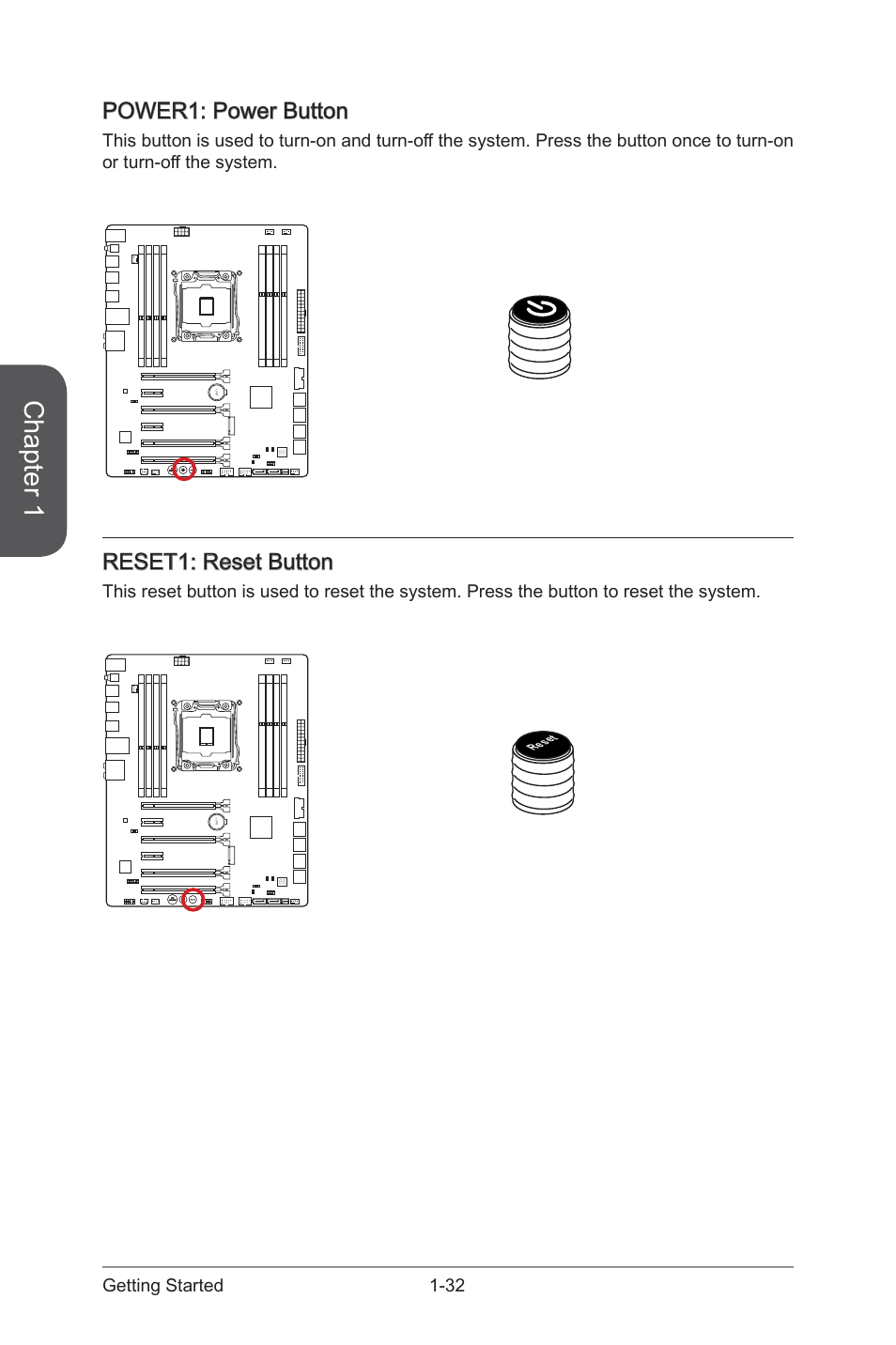 Power1: power button, Reset1: reset button, Power1: power button -32 reset1: reset button -32 | Power1, Power button, Reset1, Reset button, Chapter 1, 32 getting started | MSI X99S GAMING 7 Manual User Manual | Page 46 / 112