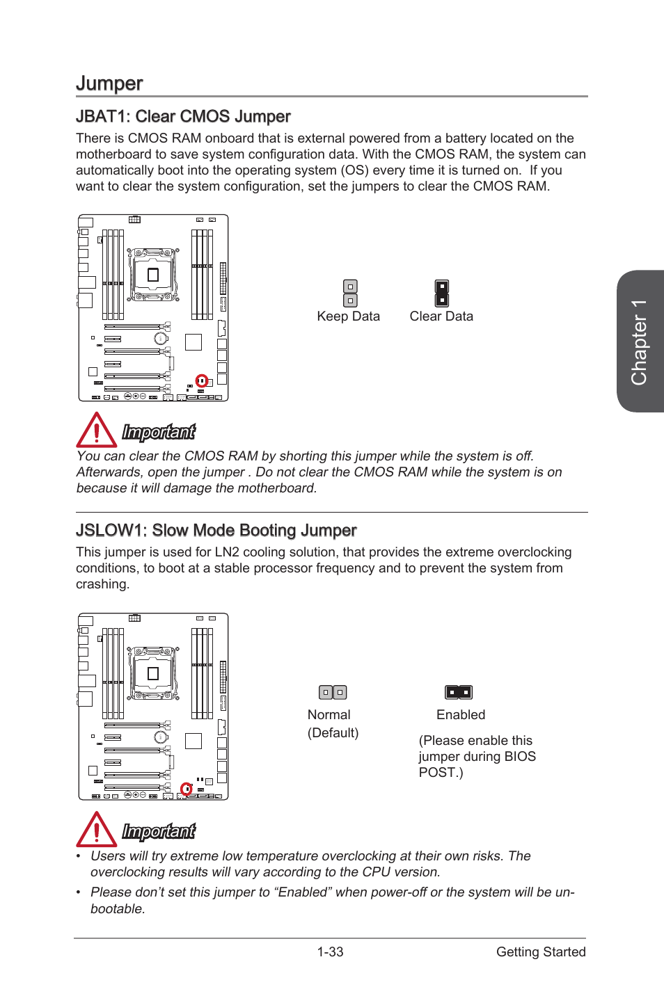 Jbat1: clear cmos jumper, Jslow1: slow mode booting jumper, Jumper -33 | Jbat1, Clear cmos jumper, Jslow1, Slow mode booting jumper, Chapter 1, Jumper, Important | MSI X99S GAMING 7 Manual User Manual | Page 47 / 112