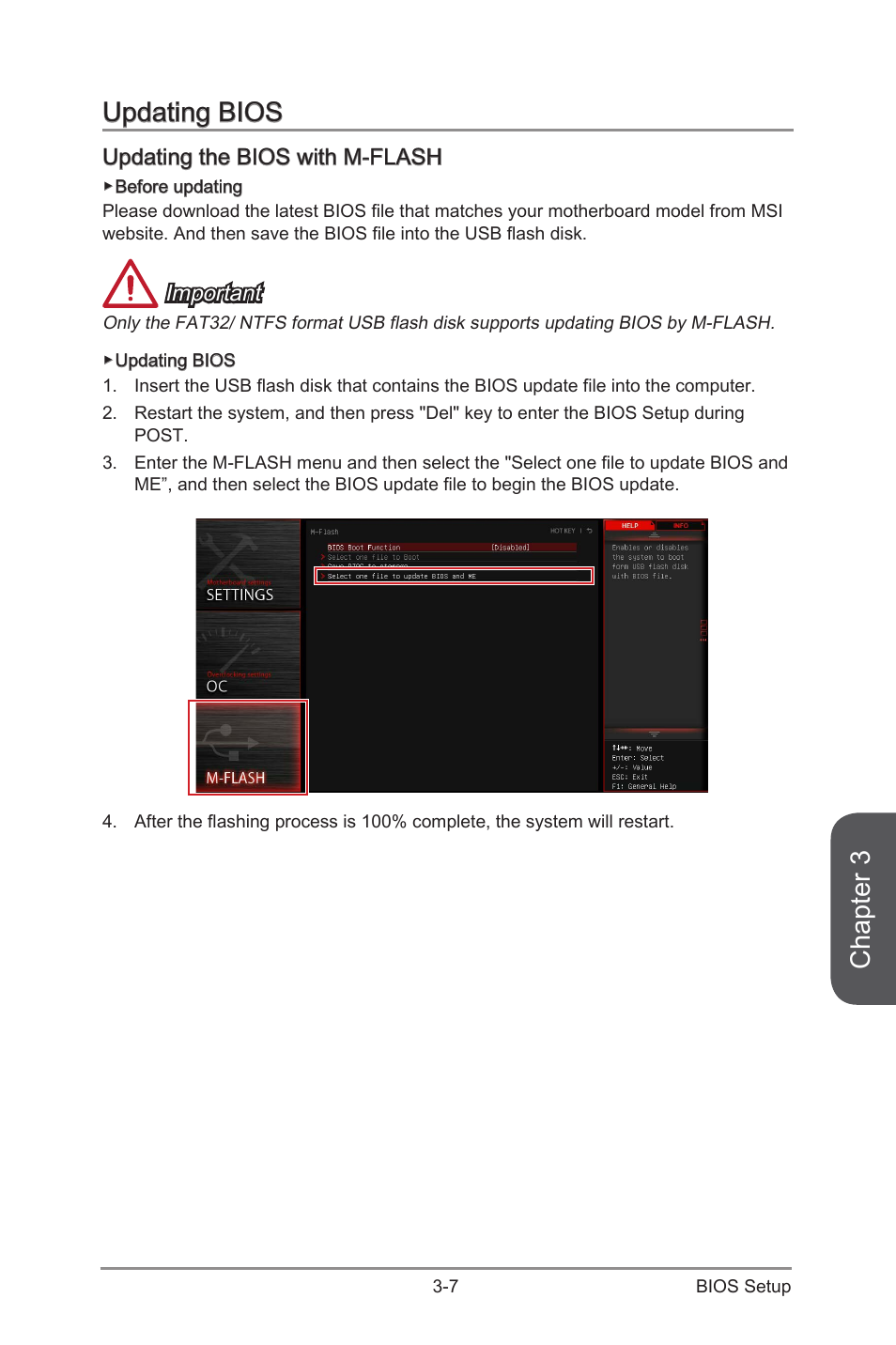 Updating bios -7, Updating the bios with m-flash -7, Chapter 3 | Updating bios, Updating the bios with m-flash, Important | MSI X99S GAMING 7 Manual User Manual | Page 73 / 112